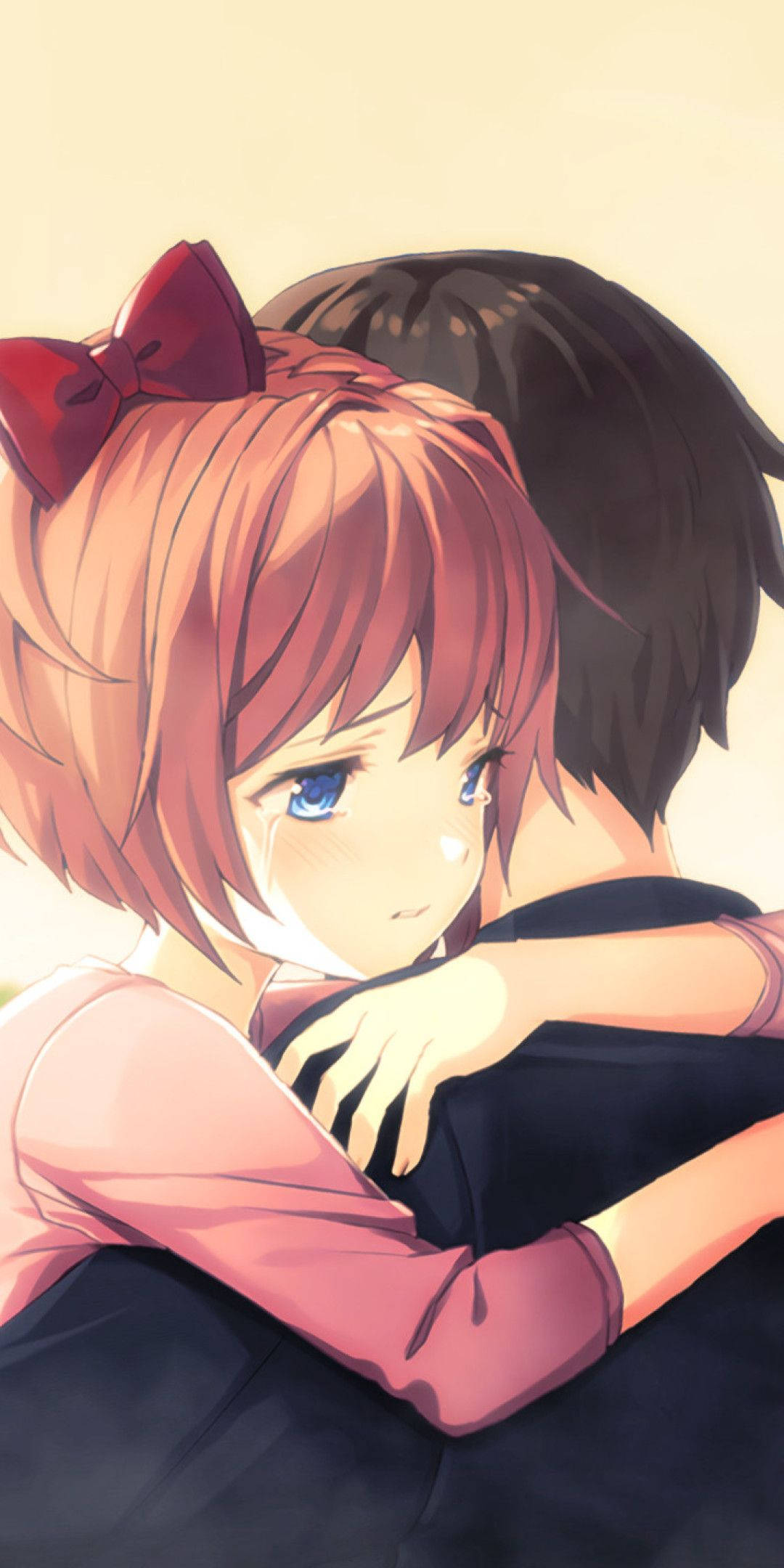 anime couple, red ribbon, red hair, Full HD Phone Wallpaper