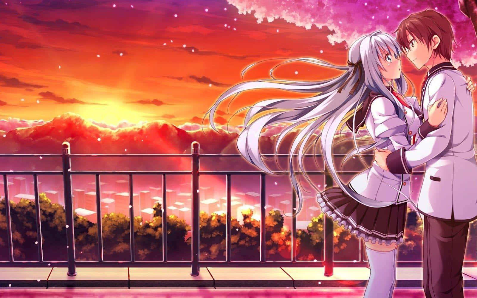 anime couple, balcony, cherry blossoms, HD Desktop Wallpaper