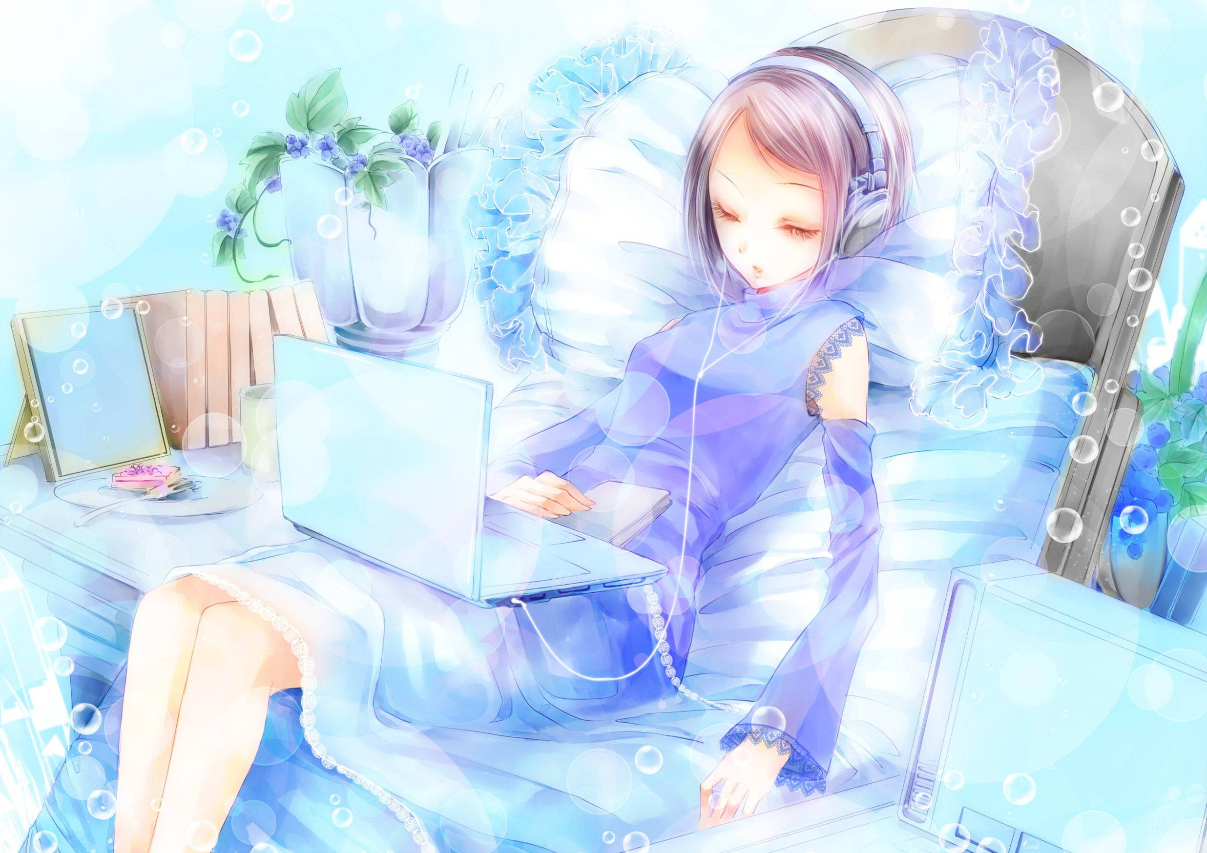 silver hair, bubble-filled blue room, laptop, Full HD Desktop Wallpaper