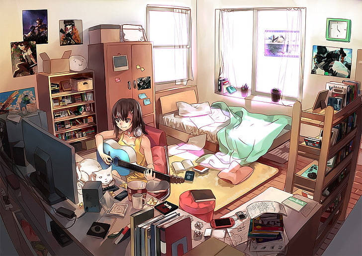 anime girl, guitar, laptop, SD Desktop Wallpaper