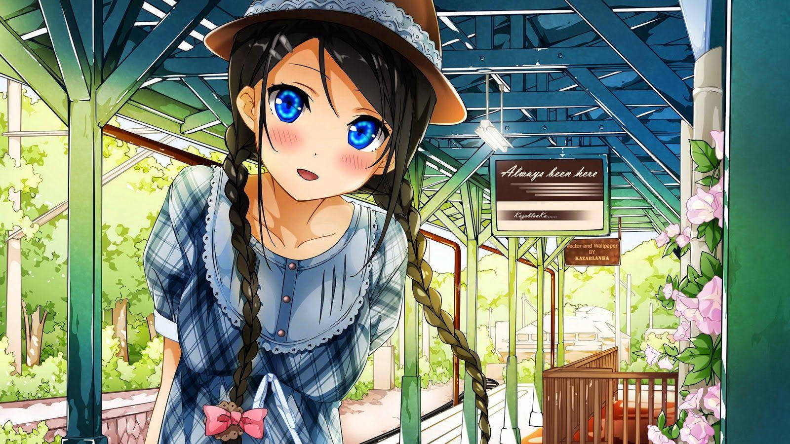 Anime Cute Girl, pink ribbon, blue eyes, HD Desktop Wallpaper