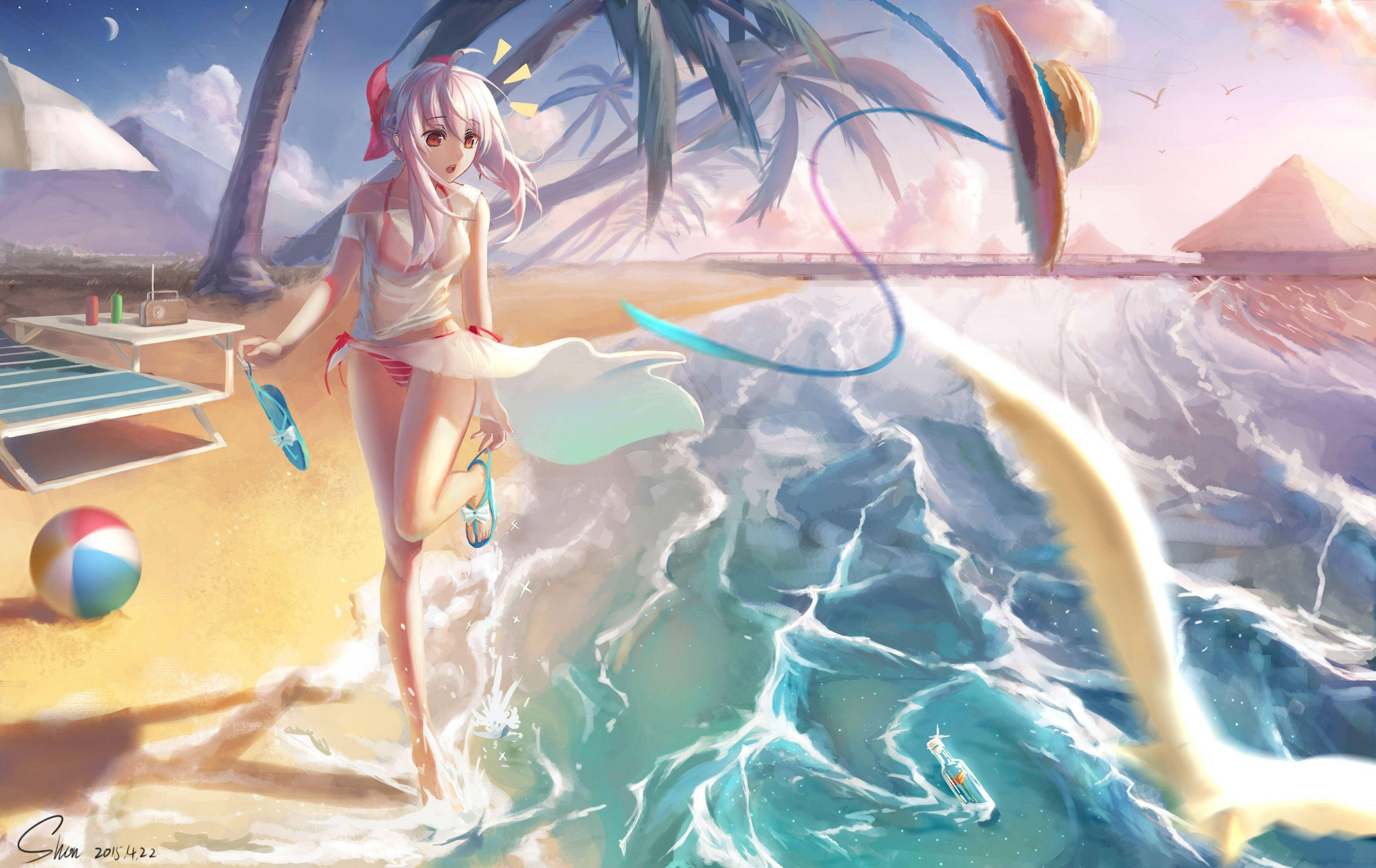 Anime cute girl, bikini, beach, 2K Desktop Wallpaper