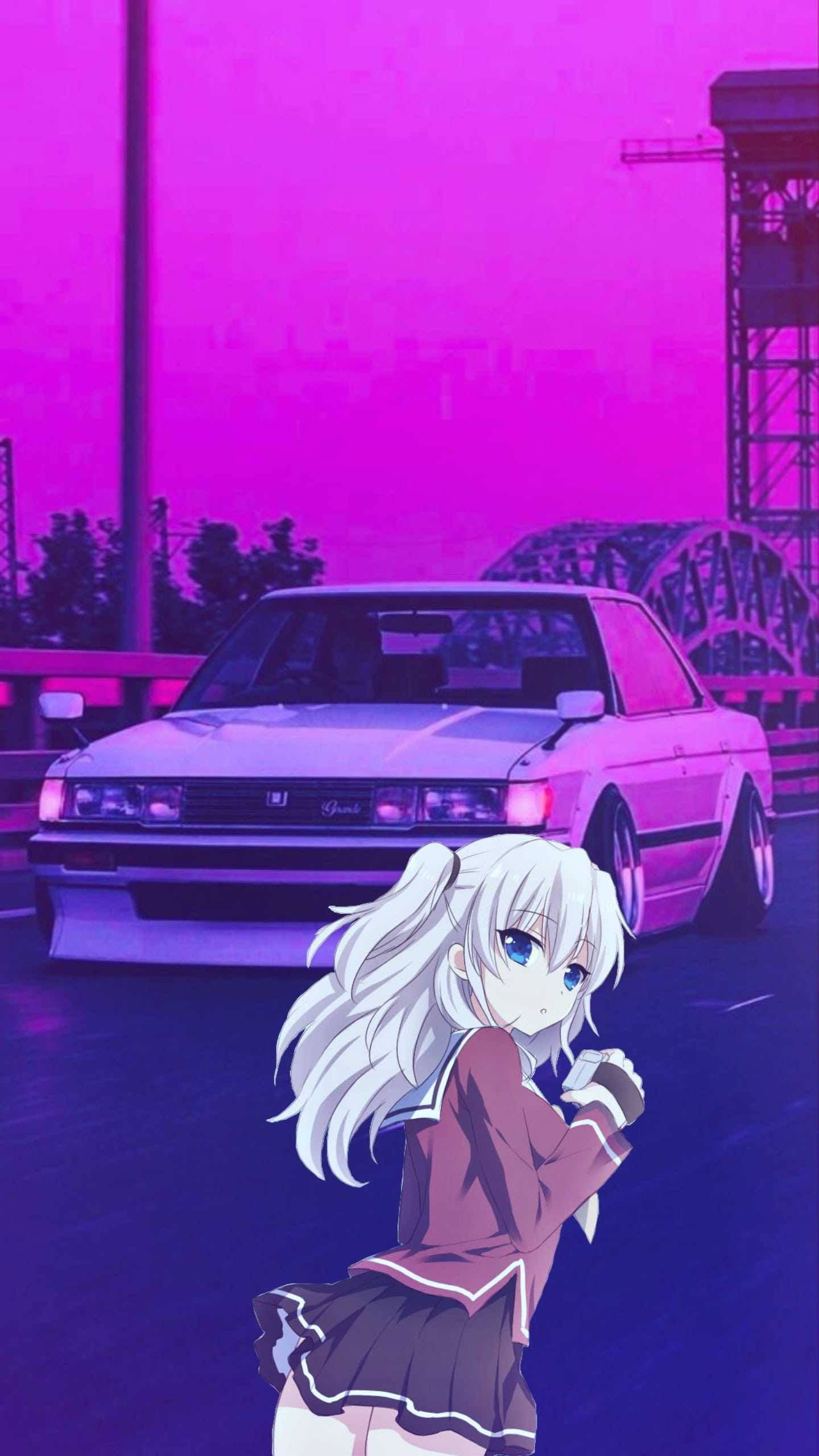 white-haired anime girl, school uniform, lowered sports car, 2K Phone Wallpaper