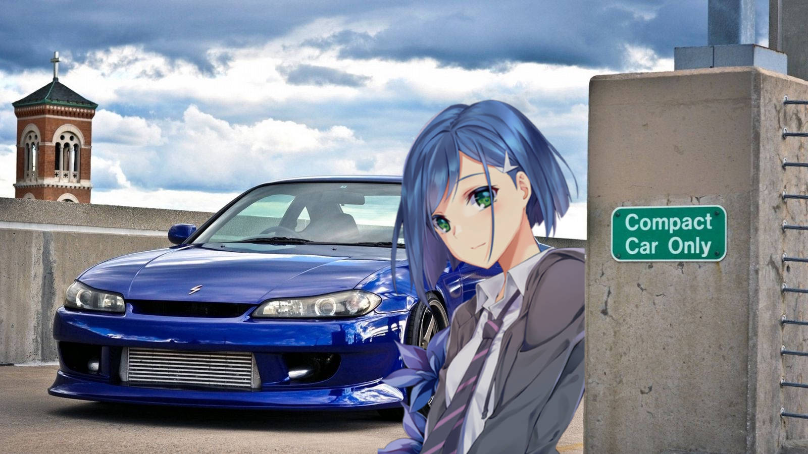 anime girl, blue JDM car, school uniform, HD Desktop Wallpaper