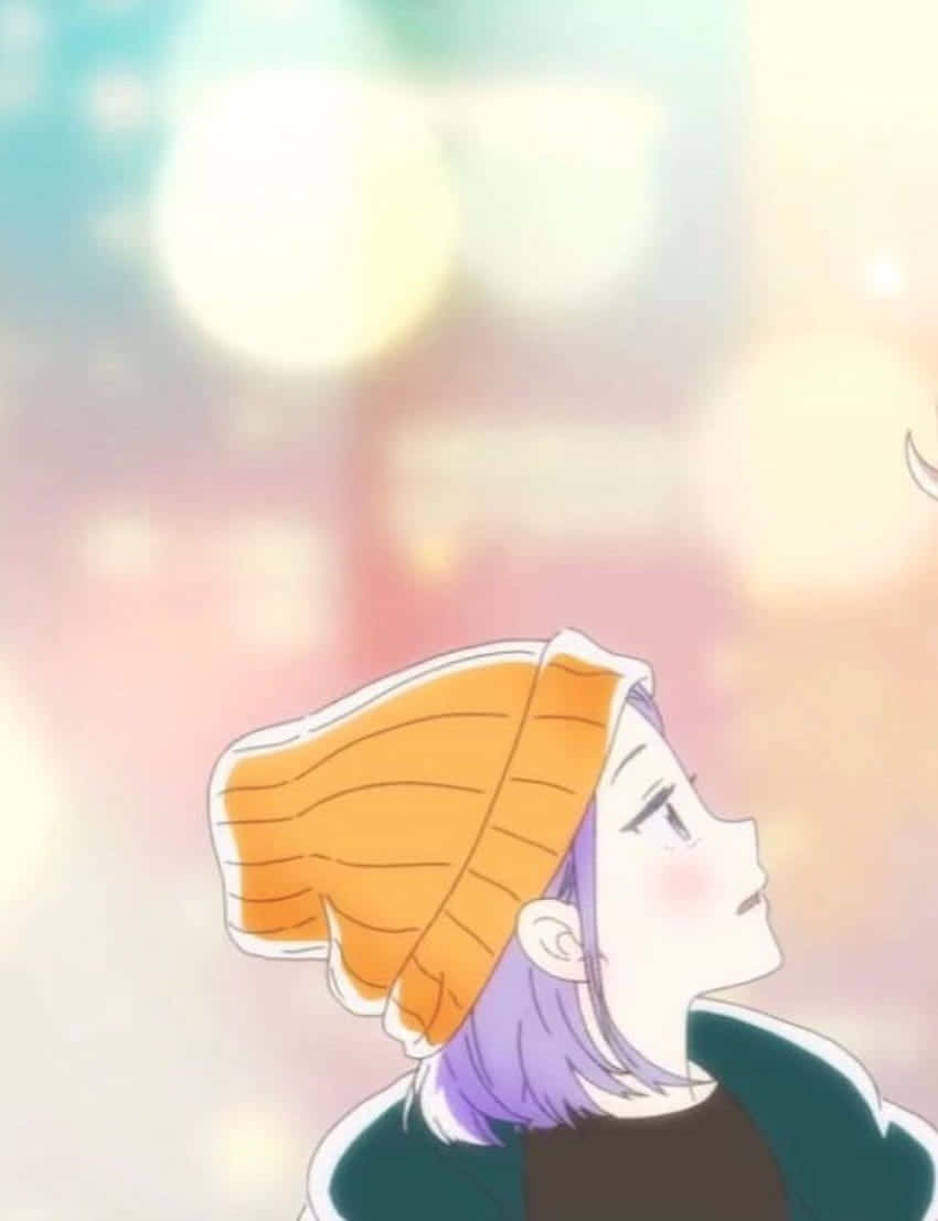 anime girl, purple hair, orange beanie, SD Phone Wallpaper