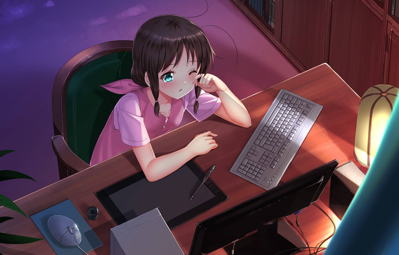 anime girl, teal eyes, wooden desk, HD Desktop Wallpaper