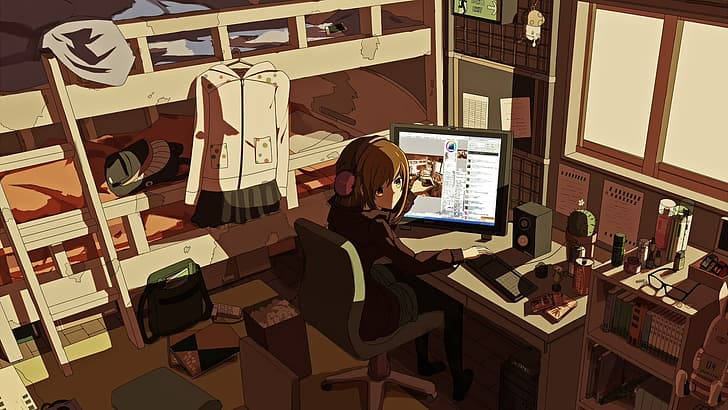 anime girl, brown hair, cluttered desk, SD Desktop Wallpaper