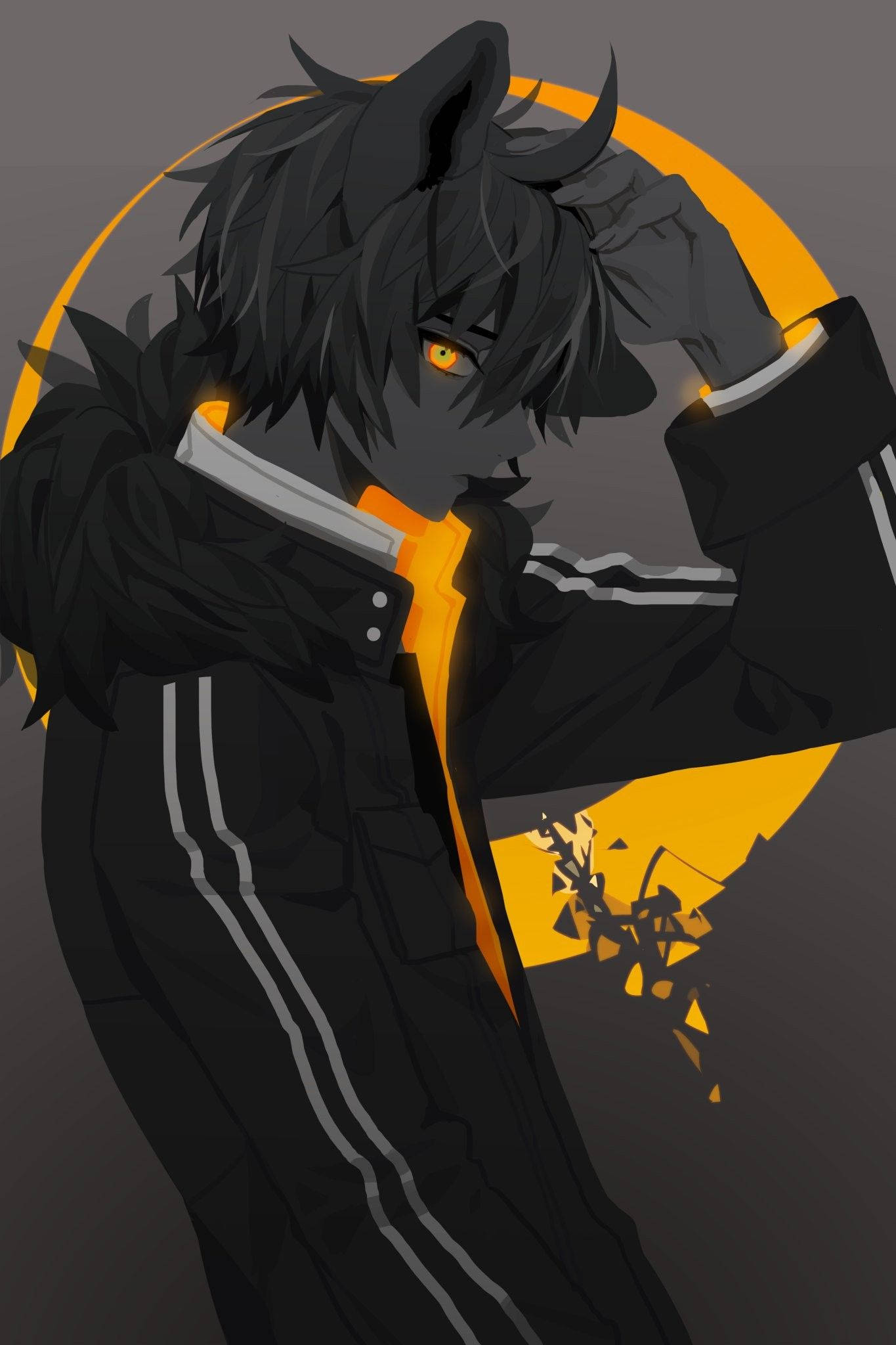 anime demon cat boy, glowing orange eyes, wolf ears, Full HD Phone Wallpaper