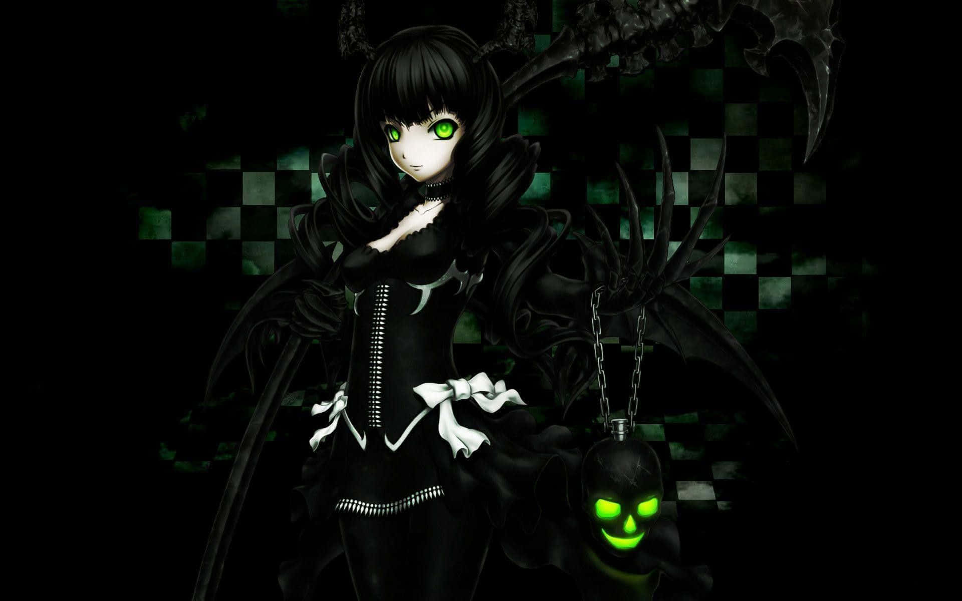 dark anime girl, glowing green eyes, black wings, Full HD Desktop Wallpaper