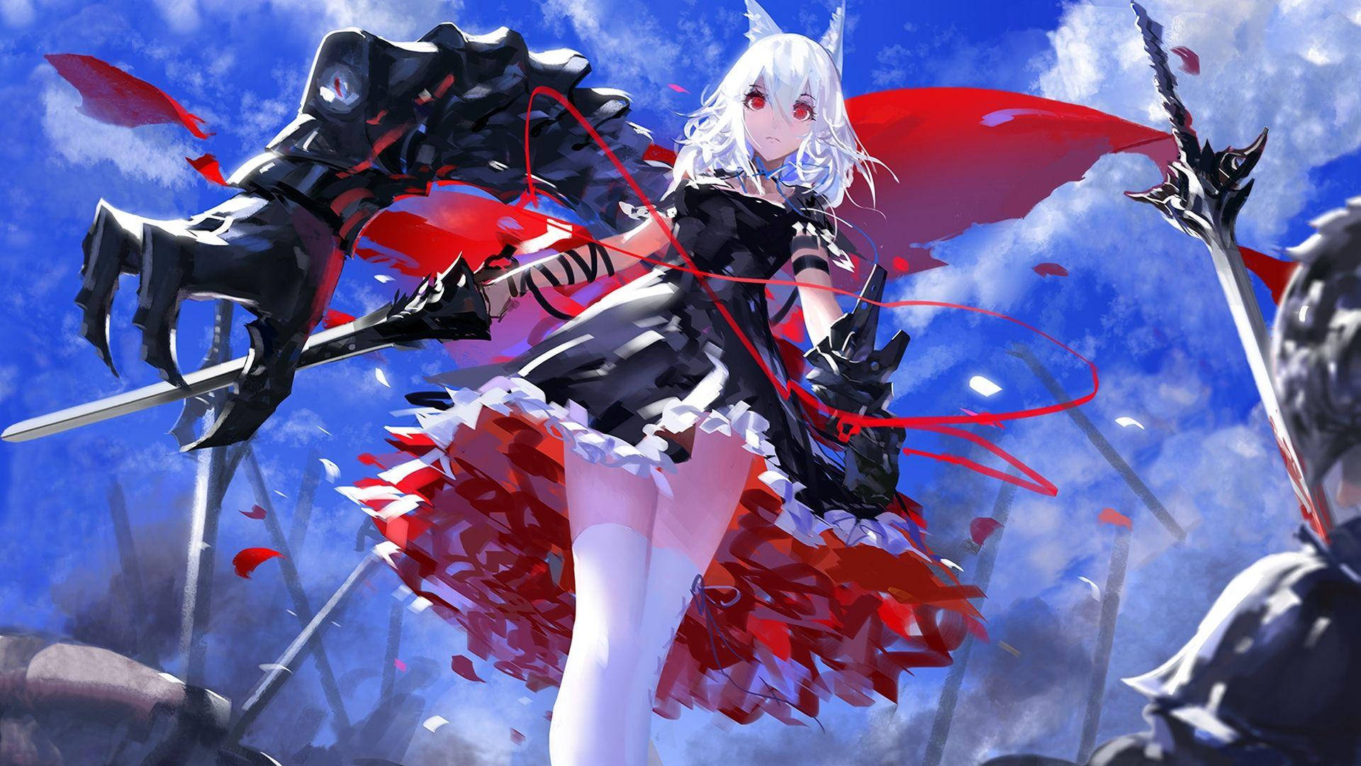 white-haired anime girl, black and red outfit, sword, Full HD Desktop Wallpaper