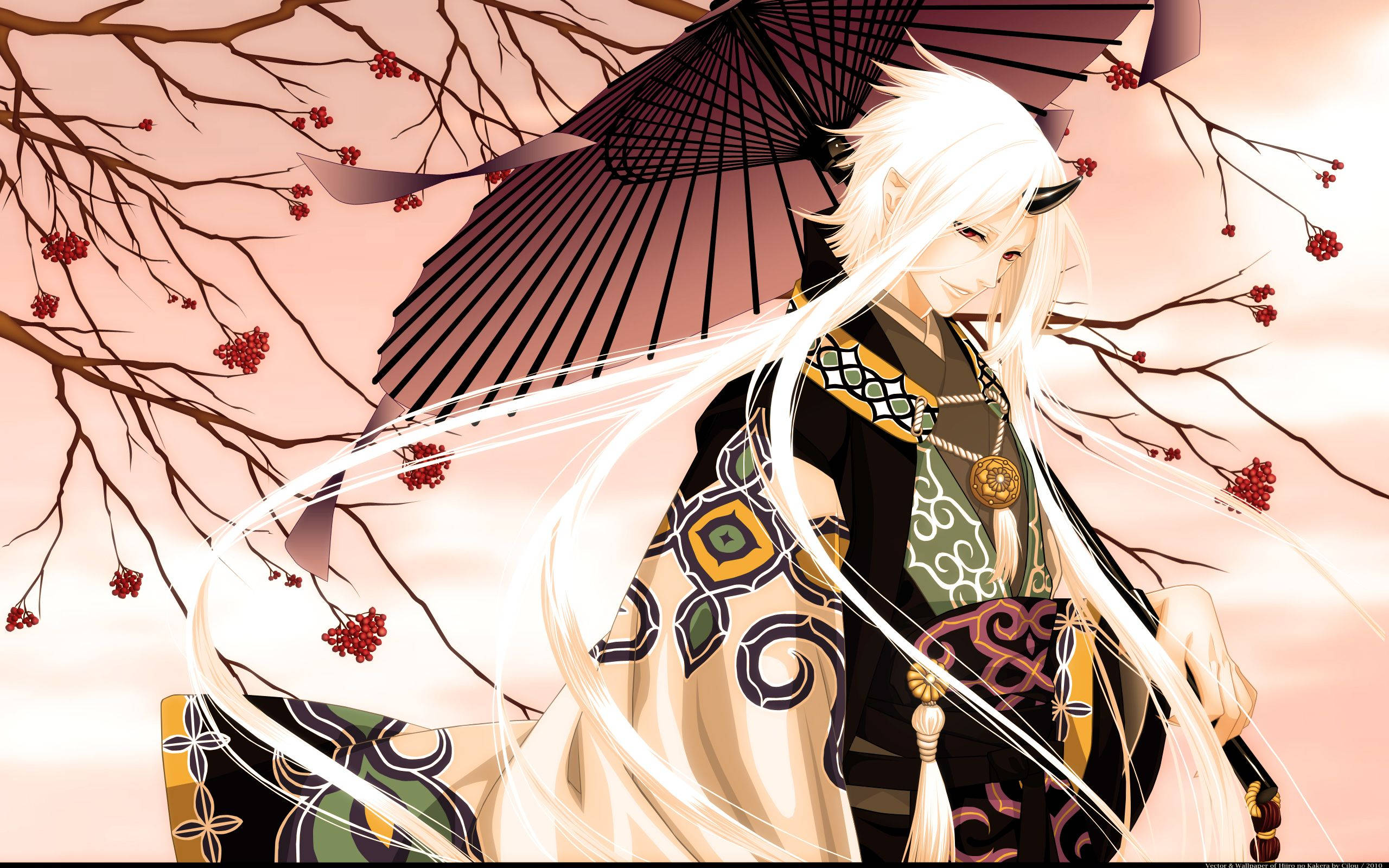 white-haired anime demon, ornate kimono, black umbrella, 2K Desktop Wallpaper