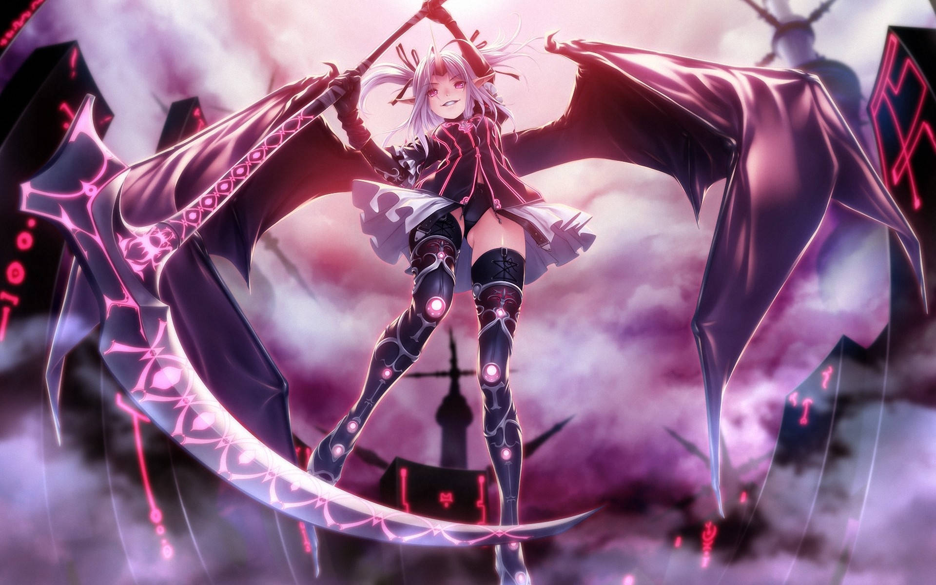 anime demon girl, silver-haired, bat wings, Full HD Desktop Wallpaper