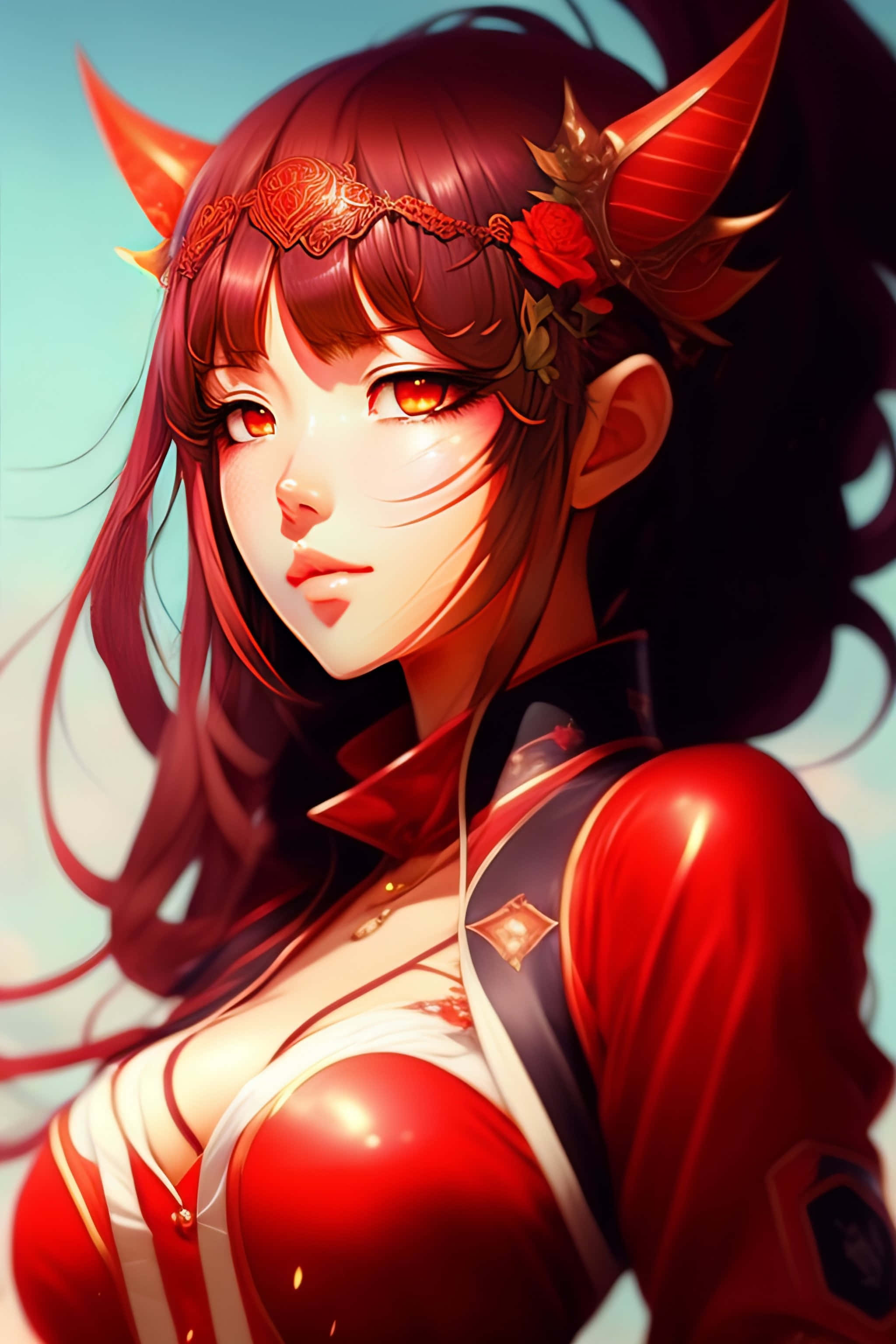 anime demon girl, fiery red horns, glowing amber eyes, 2K Phone Wallpaper