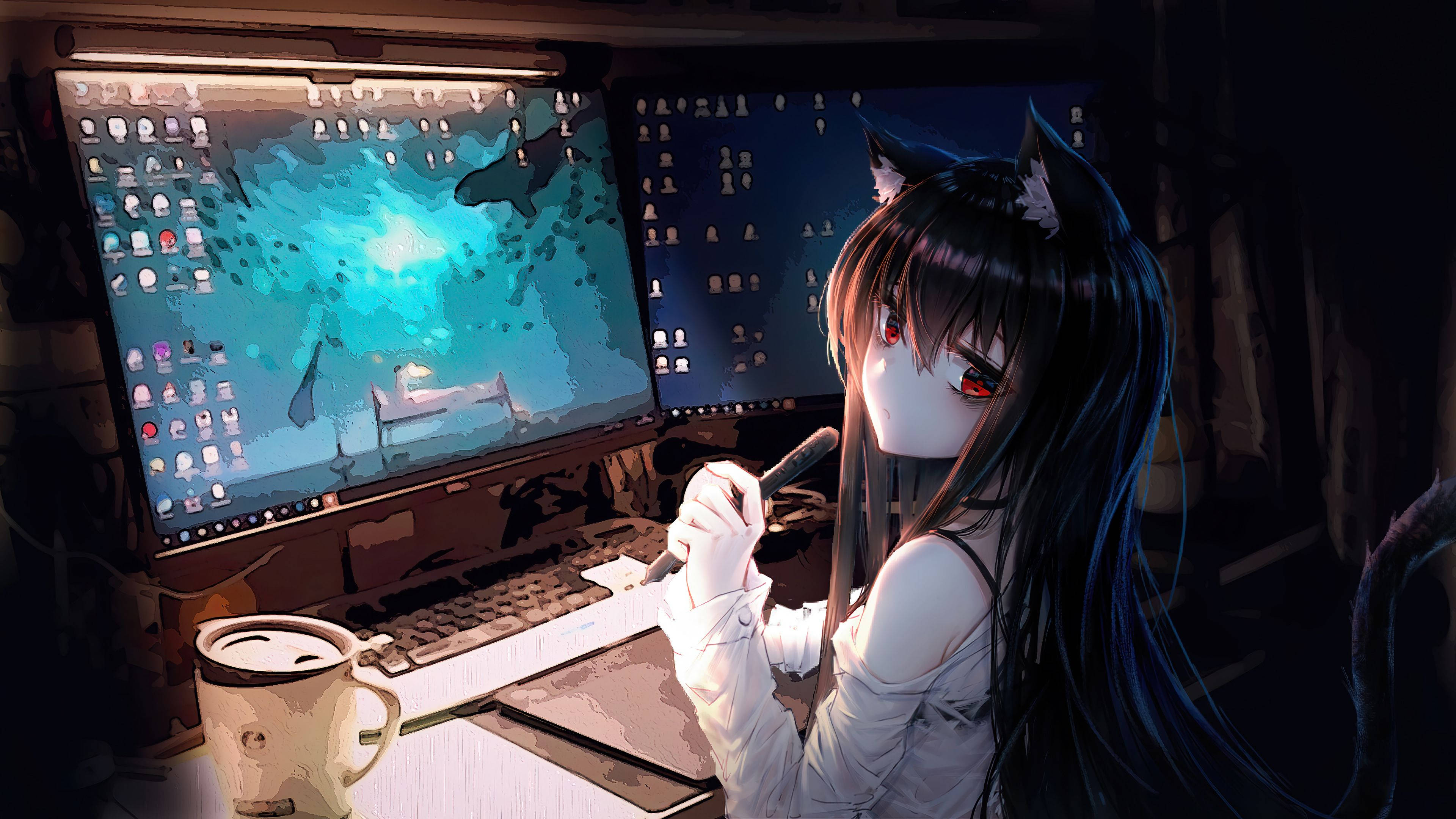 anime gaming, cat-eared anime girl, red eyes, 4K Desktop Wallpaper
