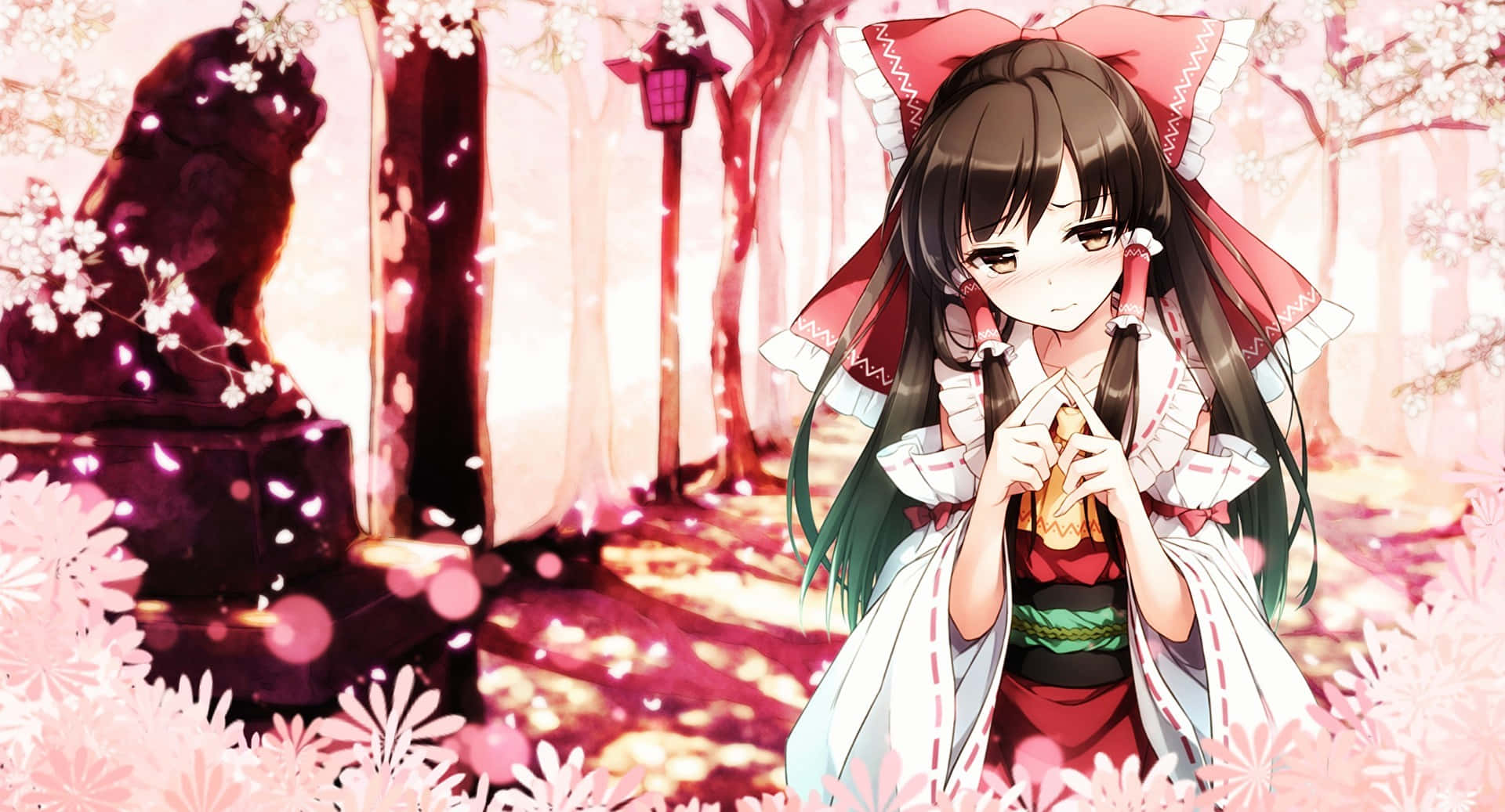 anime girl, red and white shrine maiden outfit, cherry blossom forest, Full HD Desktop Wallpaper