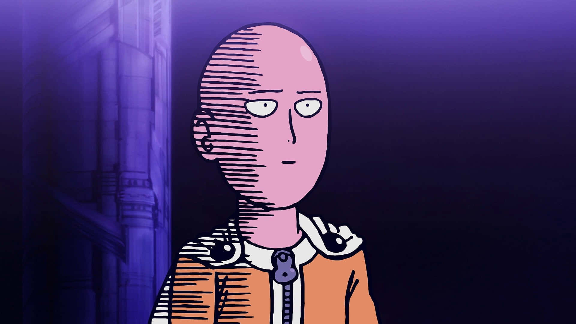 bald anime character, serious expression, purple-lit urban alleyway, Full HD Desktop Wallpaper