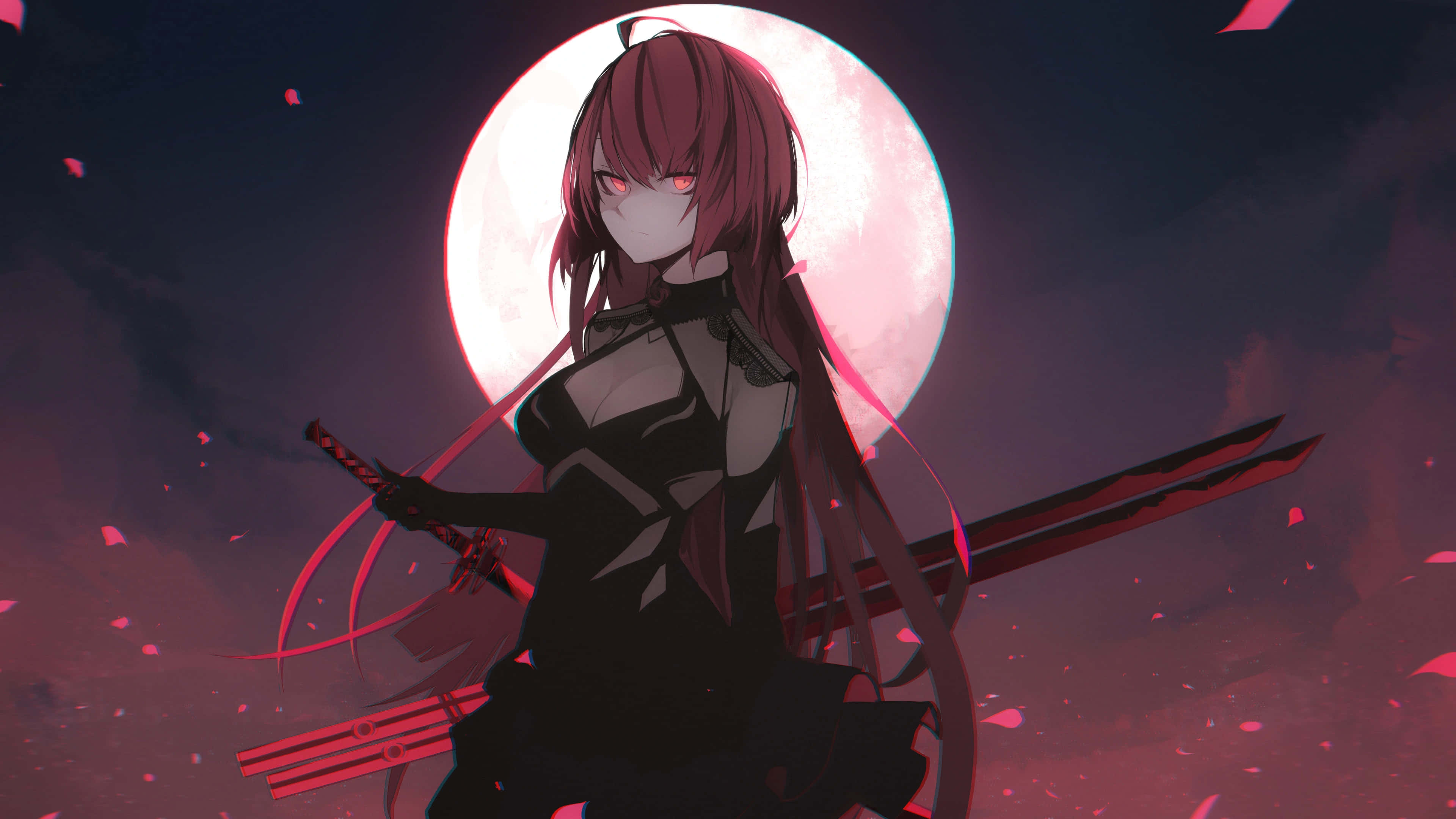 red-haired anime girl, glowing eyes, sword, 4K Desktop Wallpaper