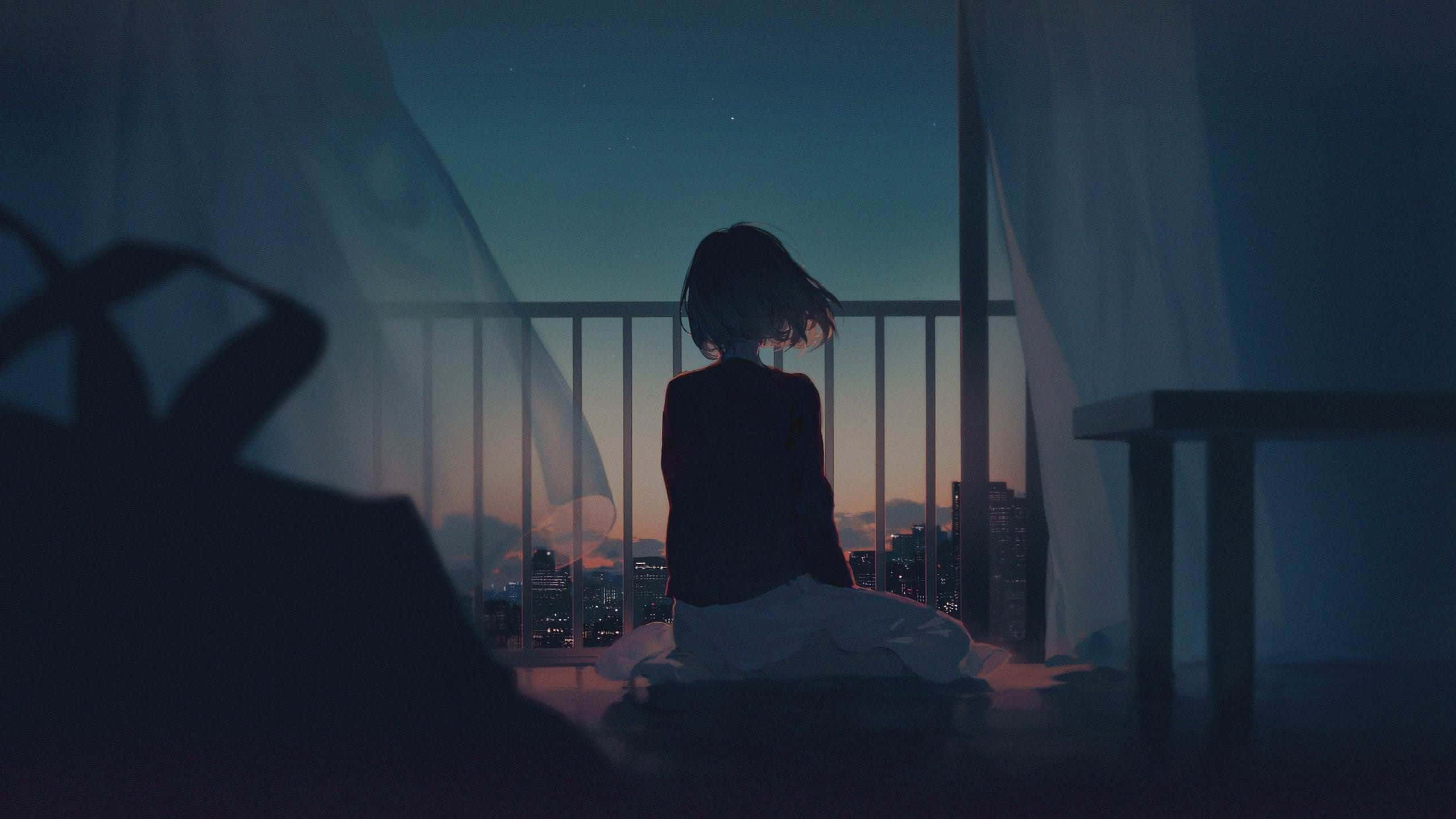 anime girl, balcony, twilight, 2K Desktop Wallpaper