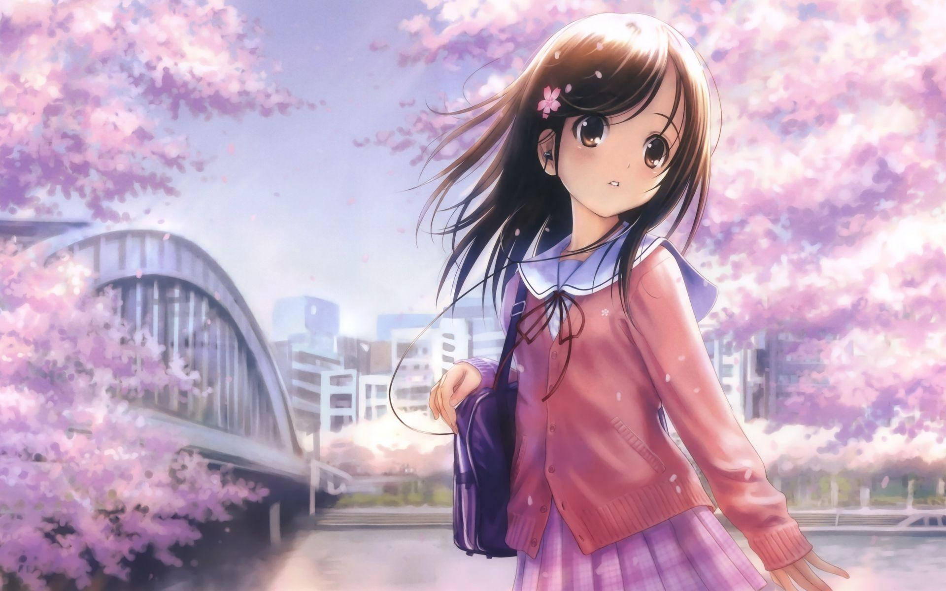 anime cute girl, sakura bloom, pink school uniform, Full HD Desktop Wallpaper