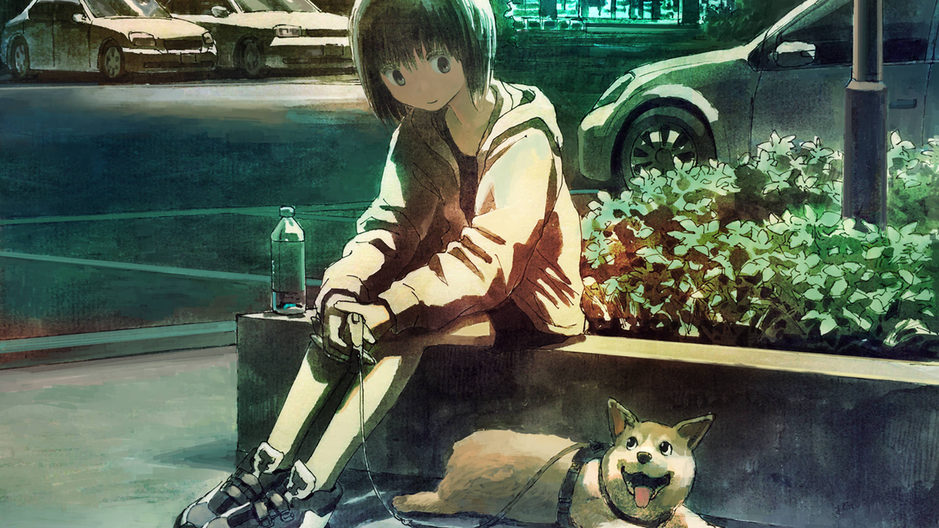 Anime Dog, young girl, city curb, Full HD Desktop Wallpaper
