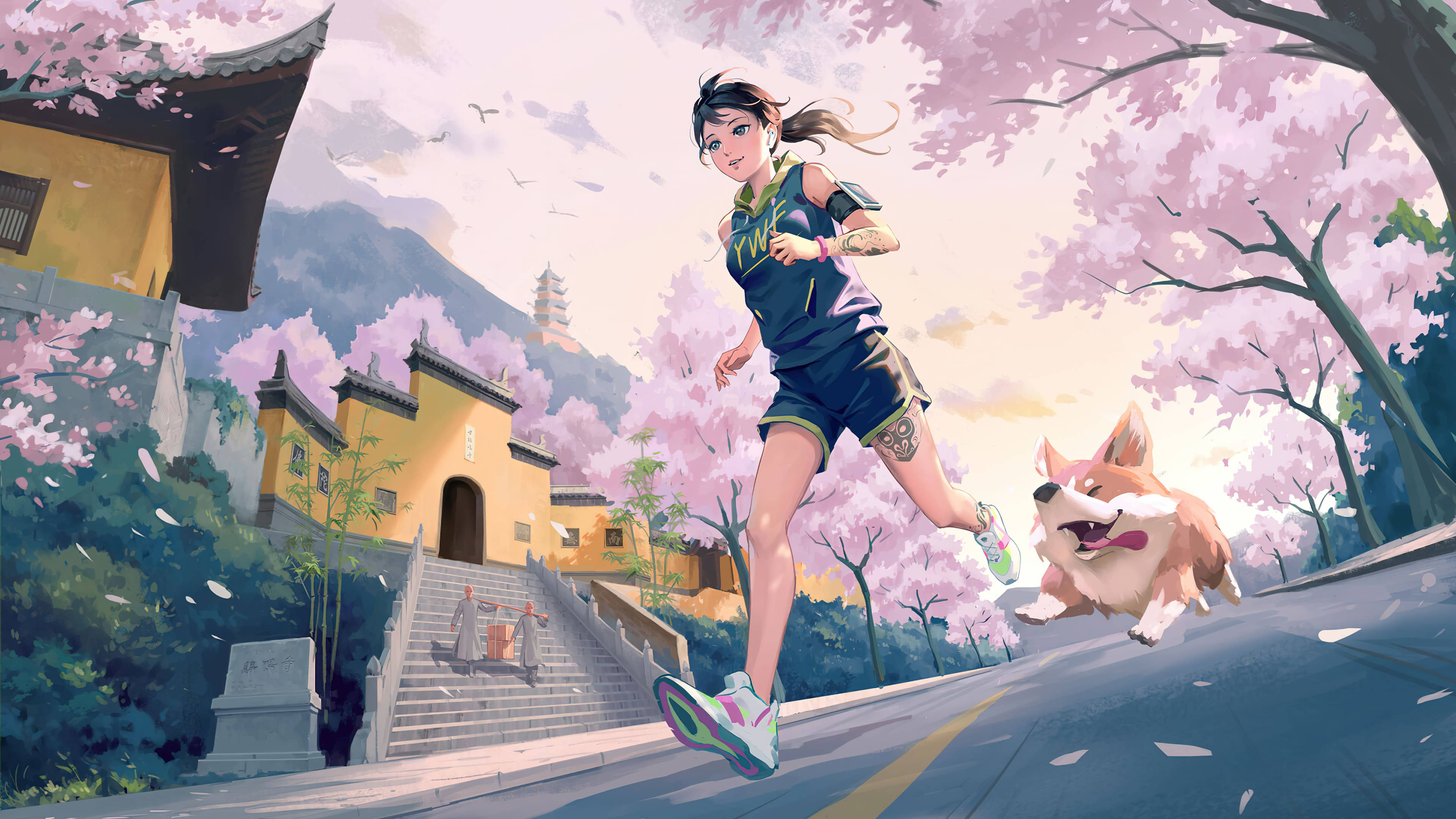 corgi, cherry blossom-lined path, traditional yellow temple, 4K Desktop Wallpaper