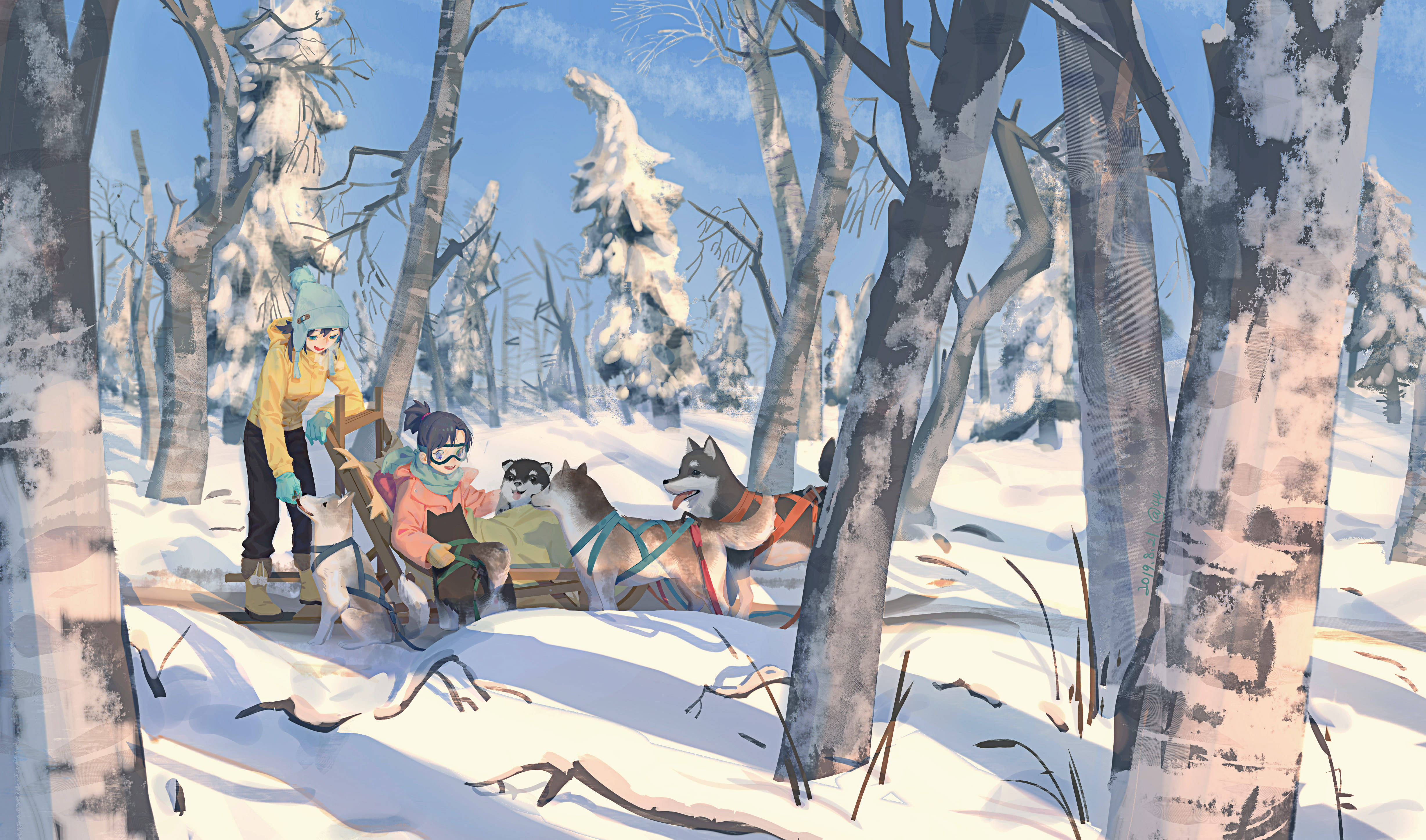anime dogs, snow, sled, 4K Desktop Wallpaper