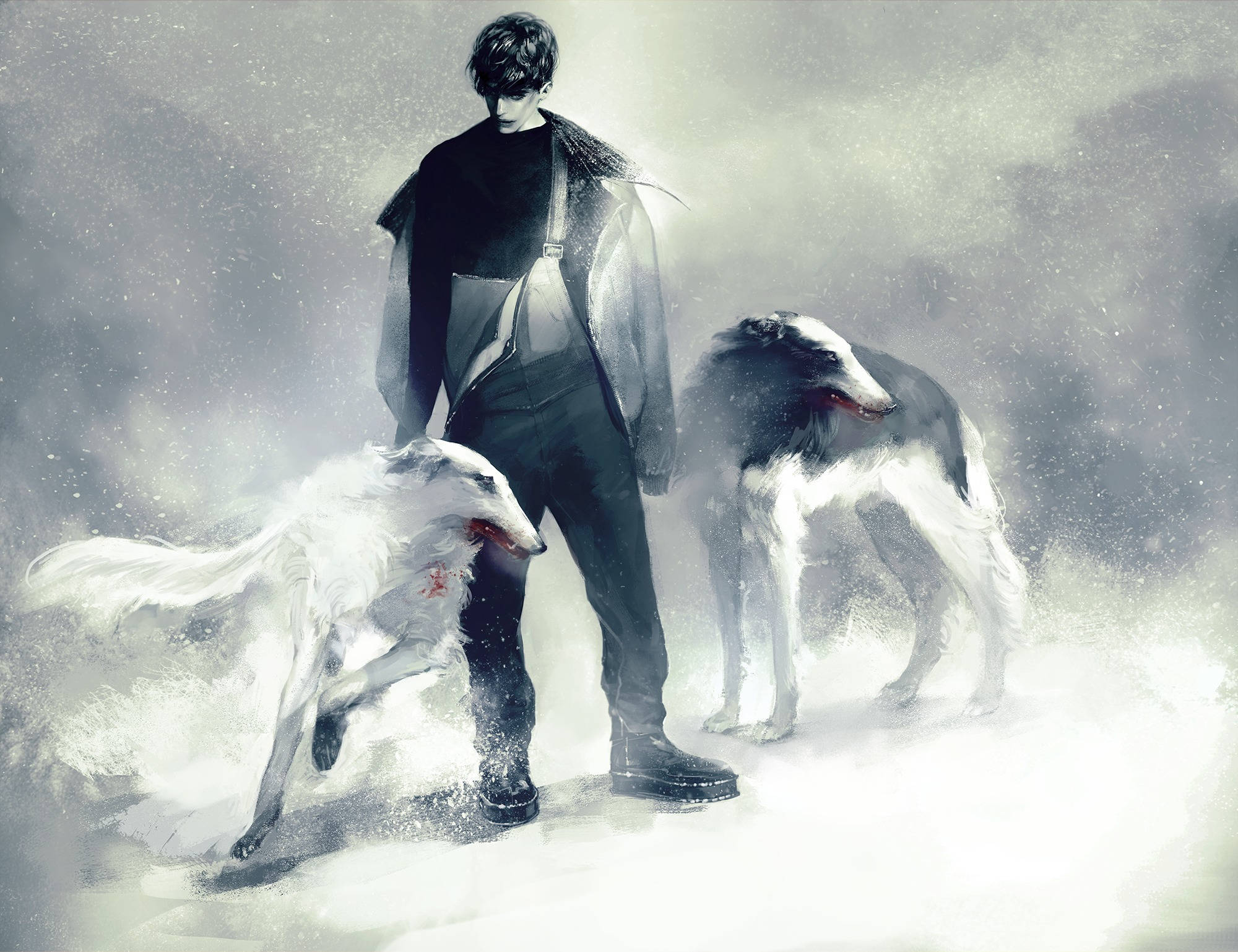 yin yang anime dog, greyhounds, snowy, Full HD Desktop Wallpaper