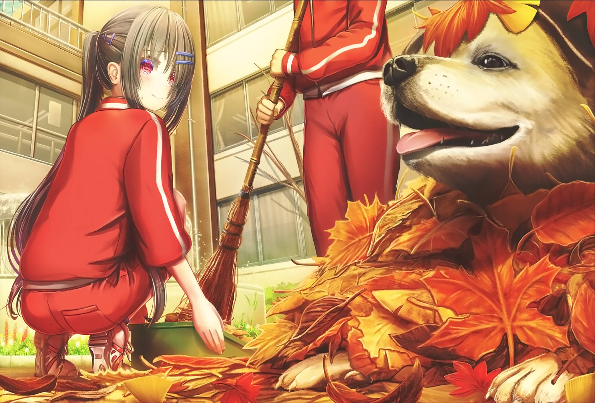 anime dog, red outfits, autumn leaves, Full HD Desktop Wallpaper