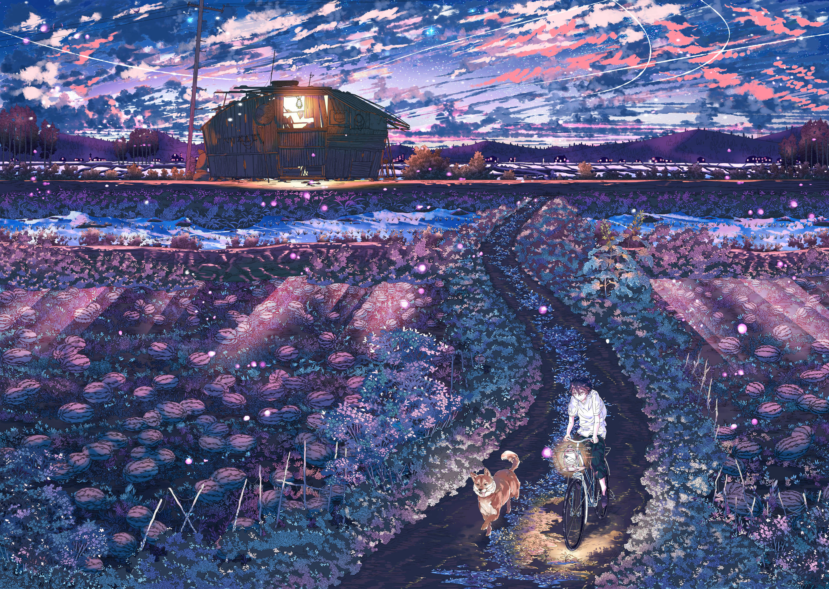Anime Dog, twilight sky, glowing field of watermelons, 2K Desktop Wallpaper