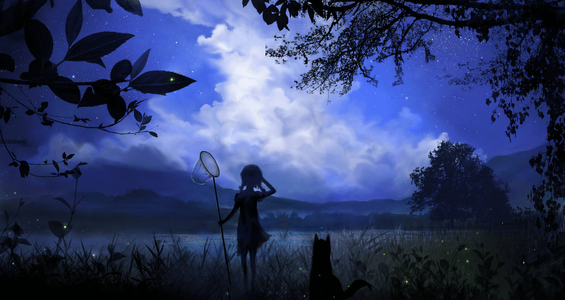 anime dog, little girl silhouette, misty field, Full HD Desktop Wallpaper