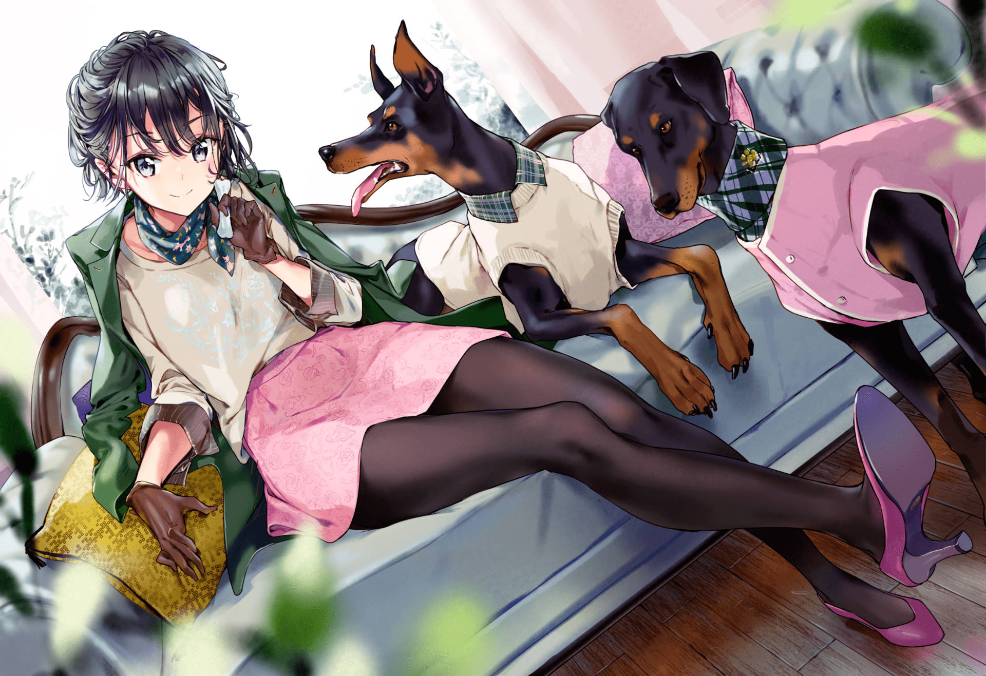 Doberman Pinschers, anime girl, cozy indoor setting, Full HD Desktop Wallpaper