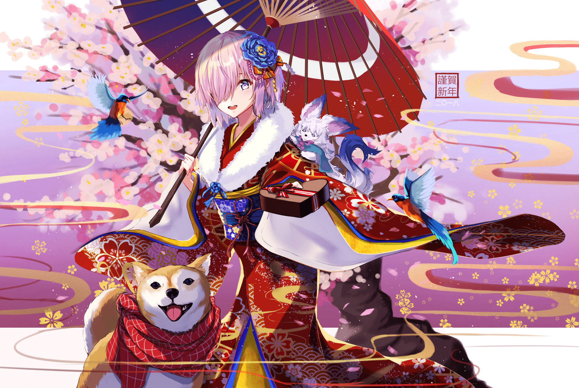 anime girl, red and gold kimono, parasol, Full HD Desktop Wallpaper
