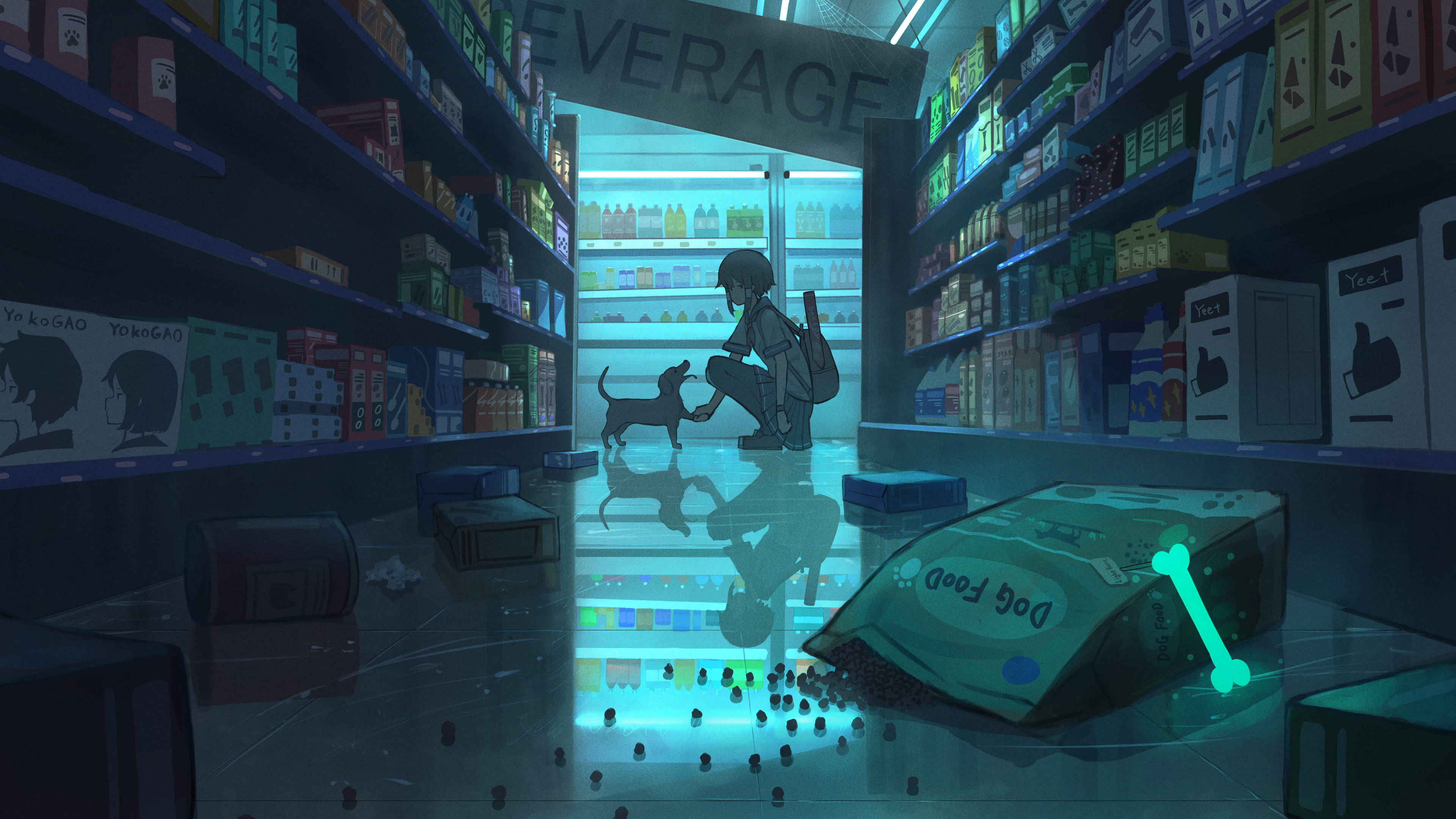 anime girl, small dog, neon-lit abandoned store aisle, 4K Desktop Wallpaper