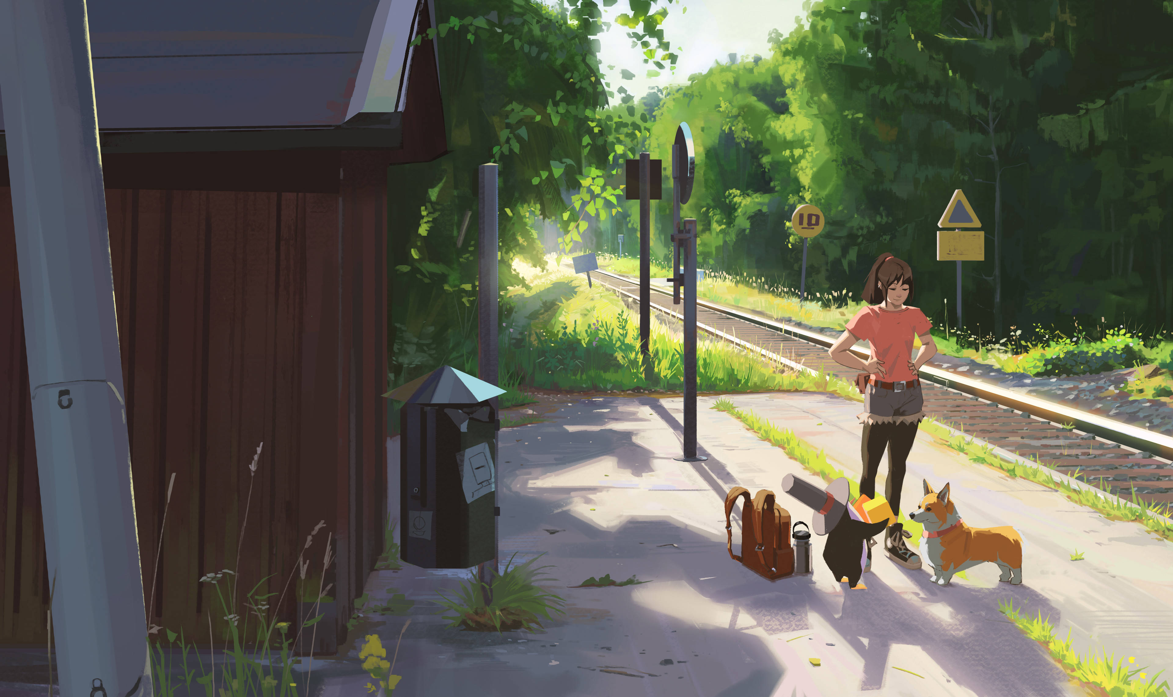 Anime Dog, corgi, young woman, 4K Desktop Wallpaper