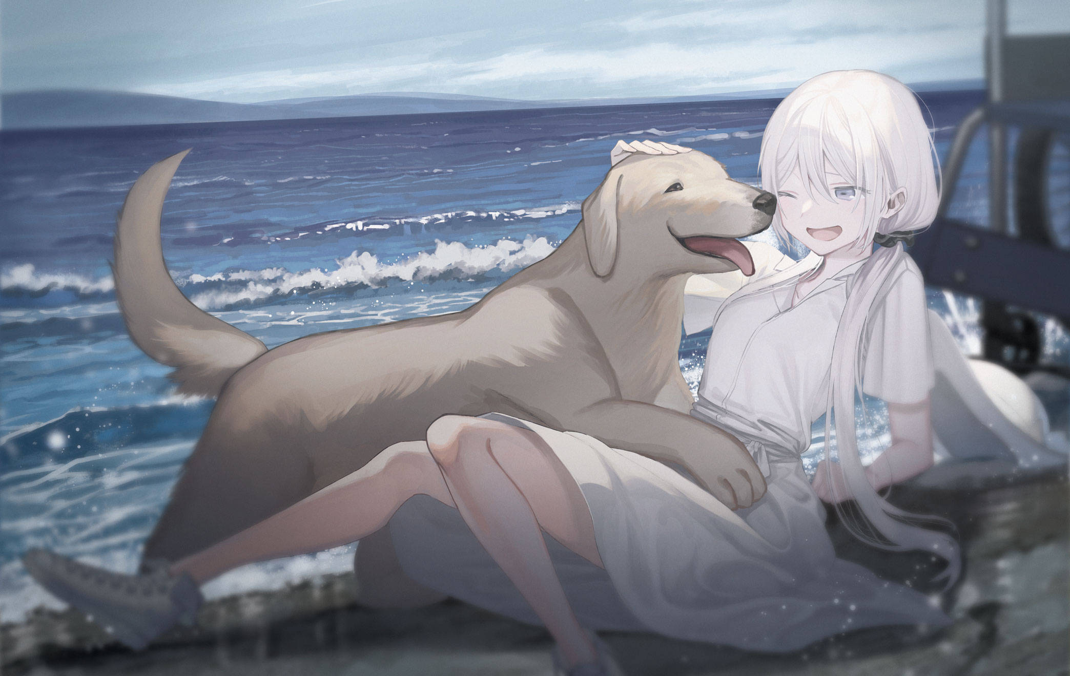 anime dog, white hair, golden retriever, Full HD Desktop Wallpaper