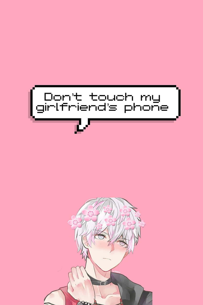 Anime Dont Touch My Phone, pixel-art anime boy, pink flowers in his hair, SD Phone Wallpaper