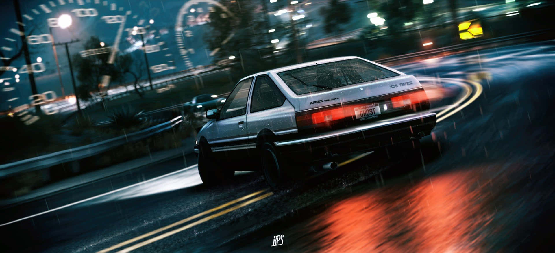 Anime Drift, silver sports car, rain-slicked city streets, Full HD Desktop Wallpaper