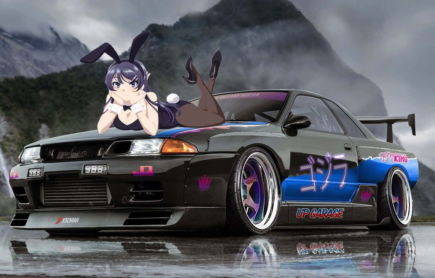 Anime girl with bunny ears, black and blue modified Nissan Skyline GT-R, misty mountain backdrop, HD Desktop Wallpaper