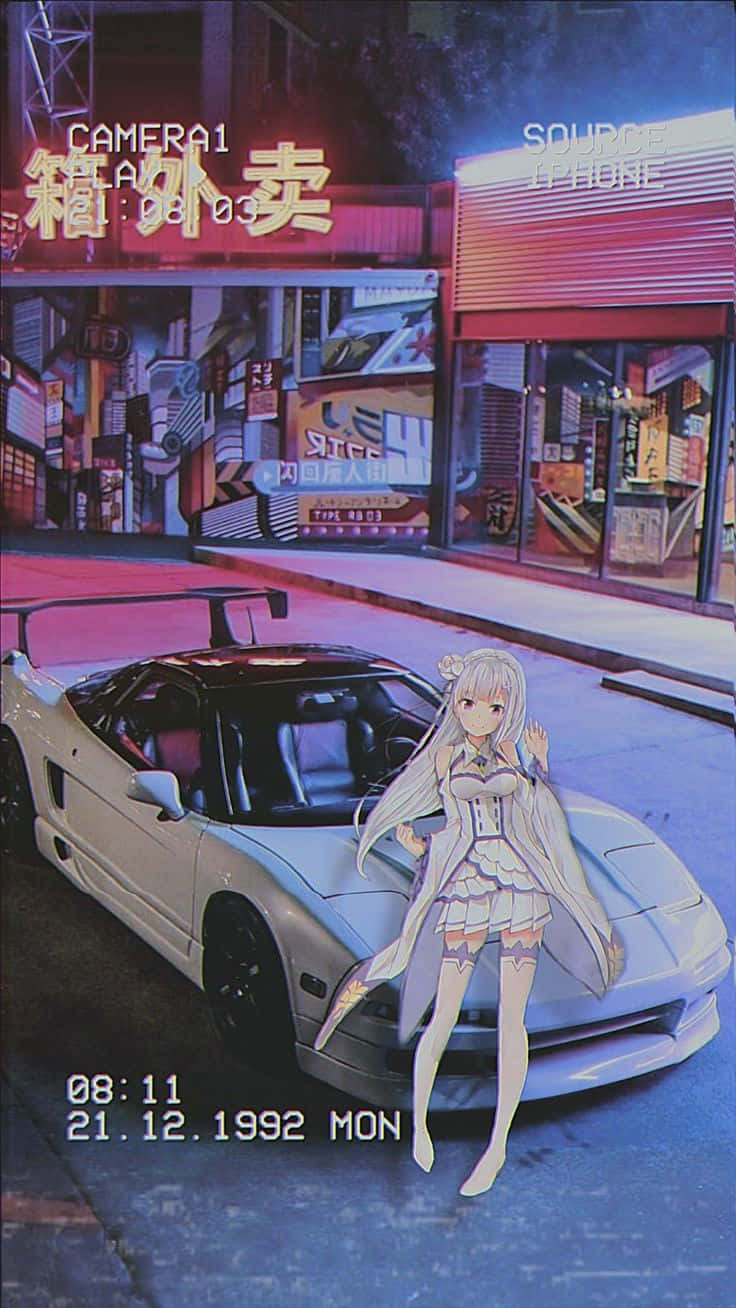 anime girl, white sports car, neon-lit Tokyo street, HD Phone Wallpaper