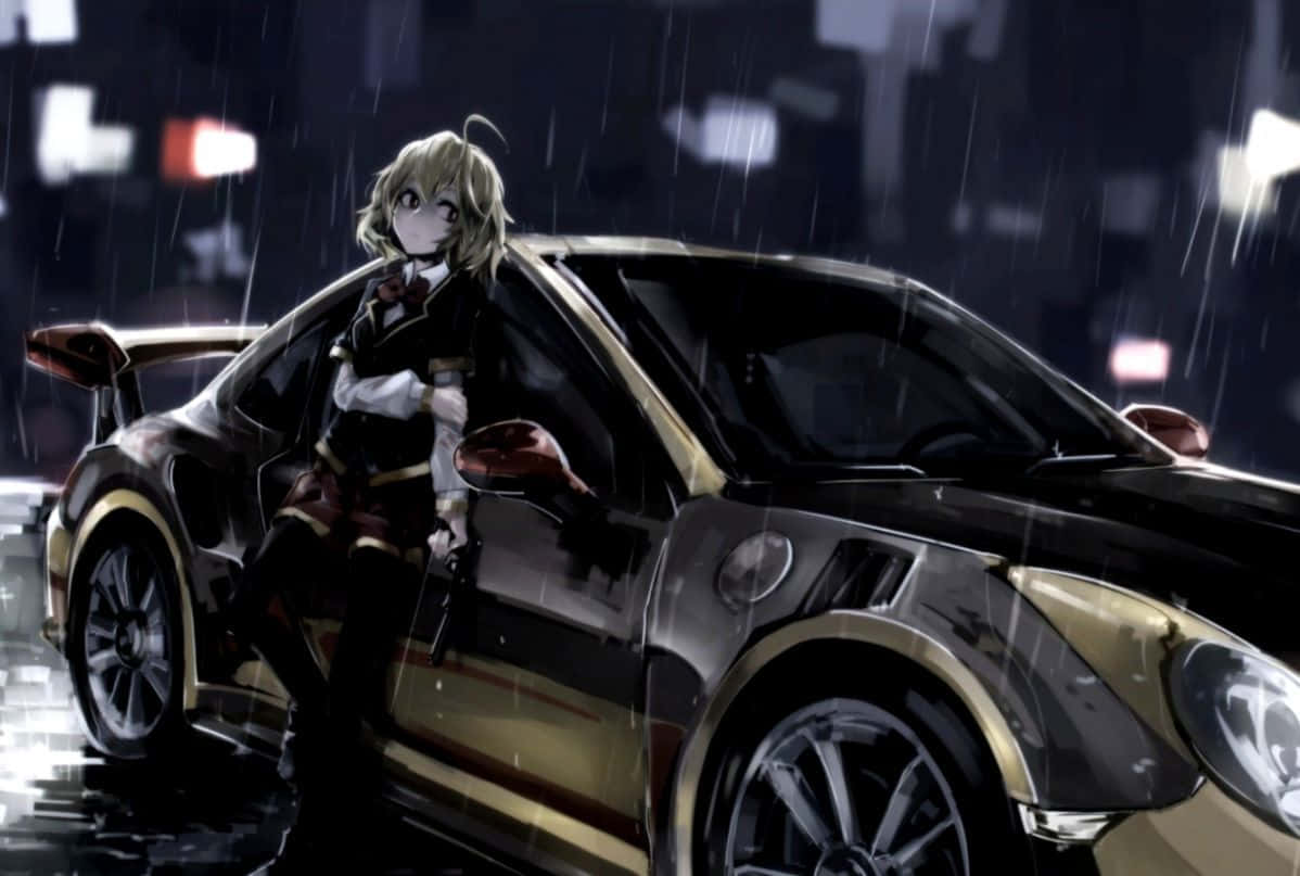 blonde anime girl, black and gold sports car, neon-lit city, SD Desktop Wallpaper