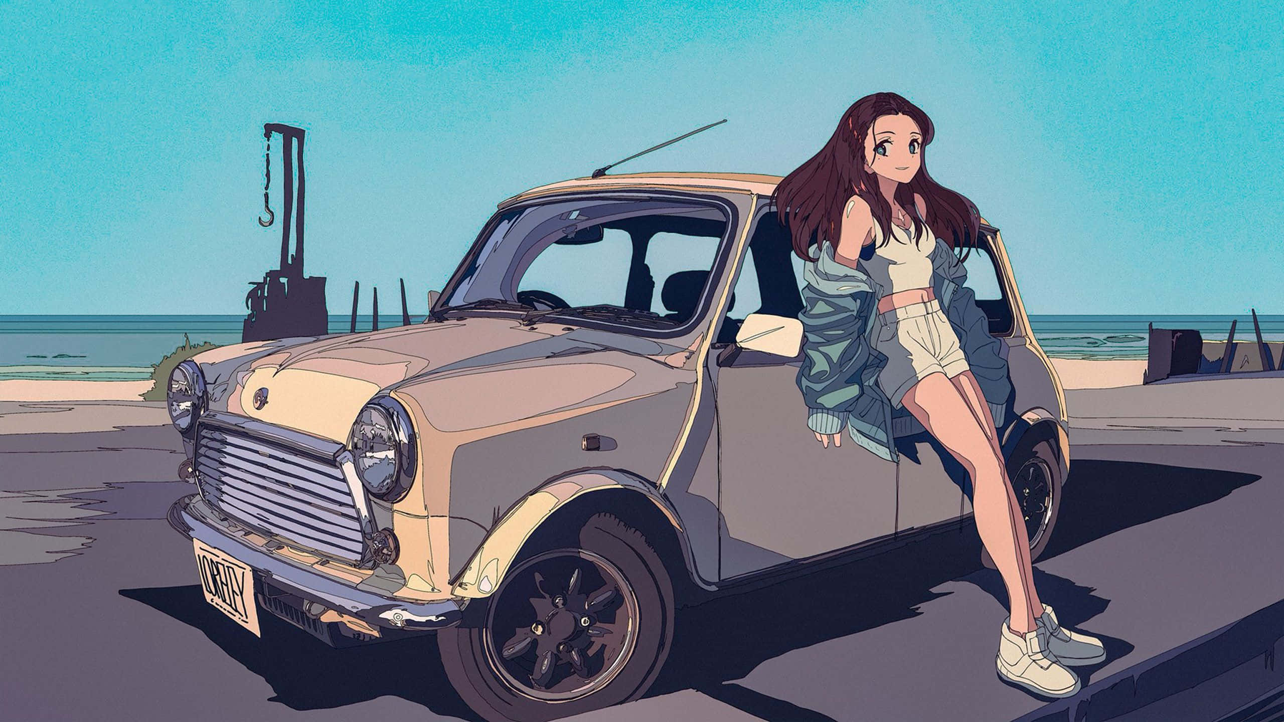 Anime Drift, vintage Mini Cooper, sunlit coastal road, 2K Desktop Wallpaper