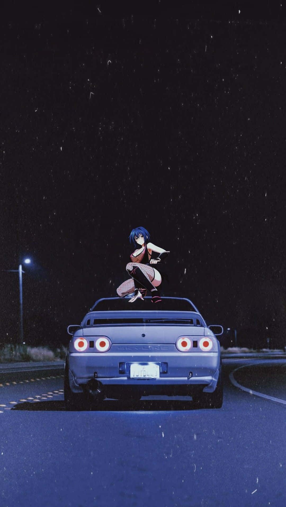 blue-haired anime girl, blue sports car, starry night sky, HD Phone Wallpaper