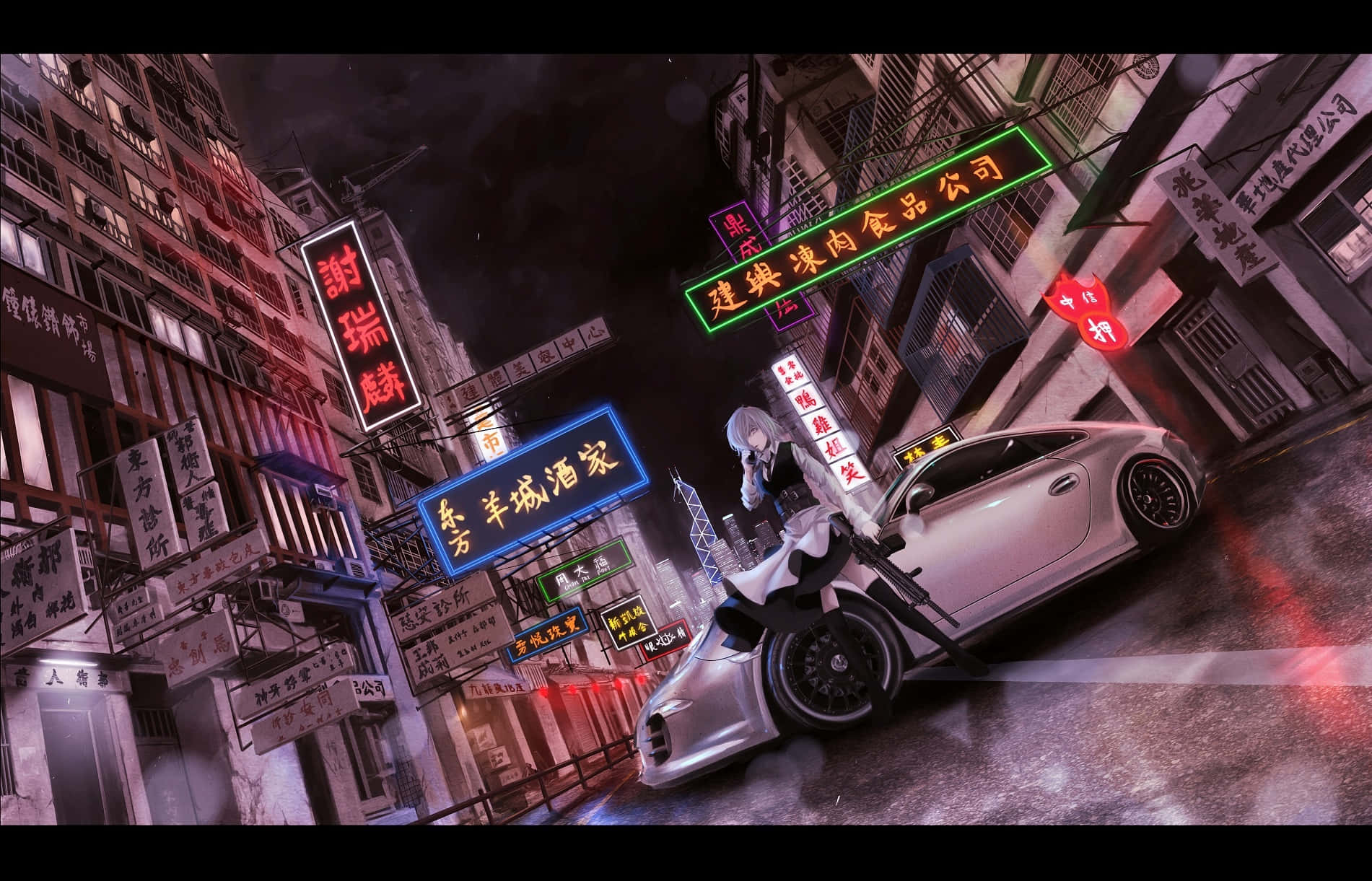 silver sports car, neon-lit urban alley, night, HD Desktop Wallpaper