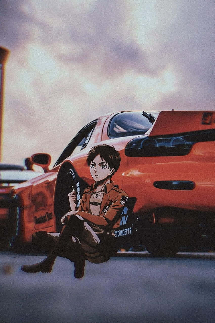 anime drift, cartoon character, red sports car, SD Phone Wallpaper