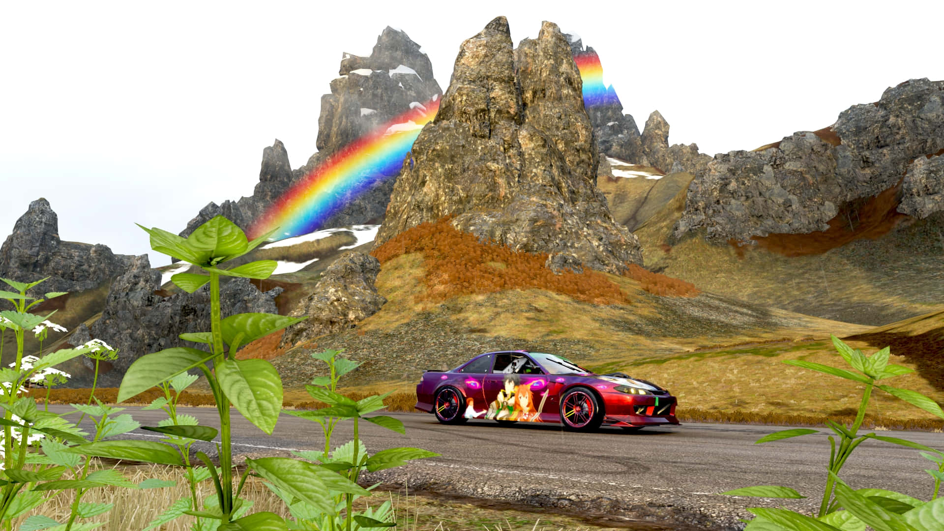 vibrant purple sports car, floral decals, mountain road, Full HD Desktop Wallpaper