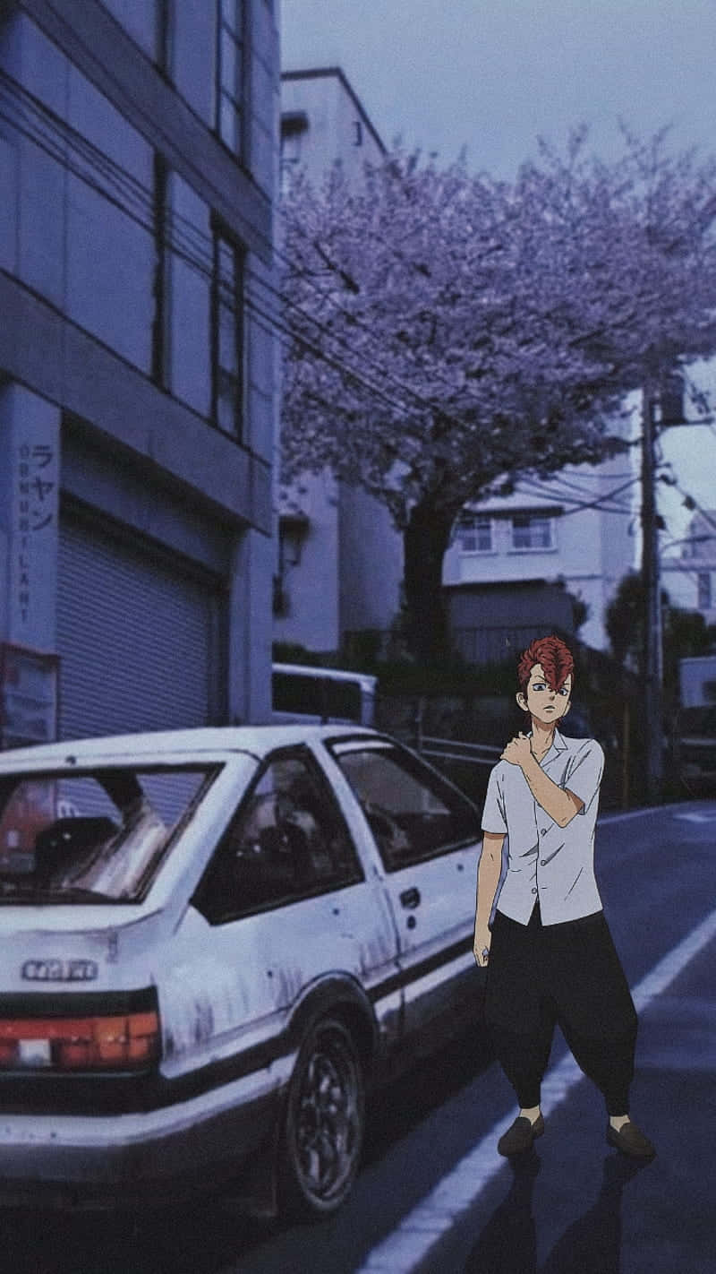 Anime Drift, red-haired anime boy, white car, HD Phone Wallpaper