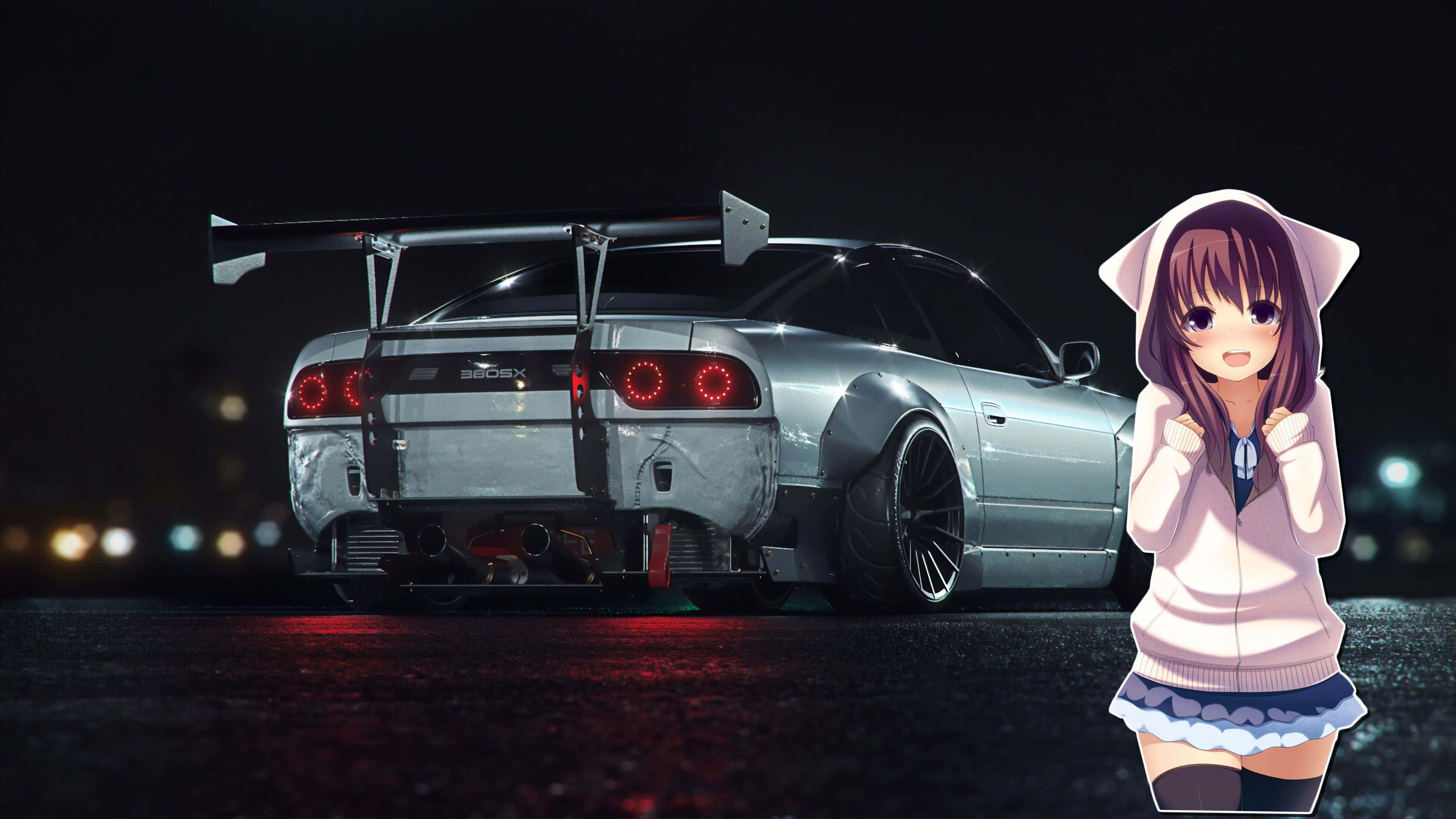 Anime Drift, silver drift car, glowing red taillights, 4K Desktop Wallpaper