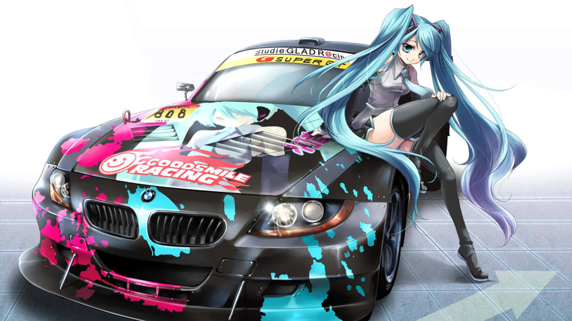 Anime Drift, blue hair, black race car, Full HD Desktop Wallpaper