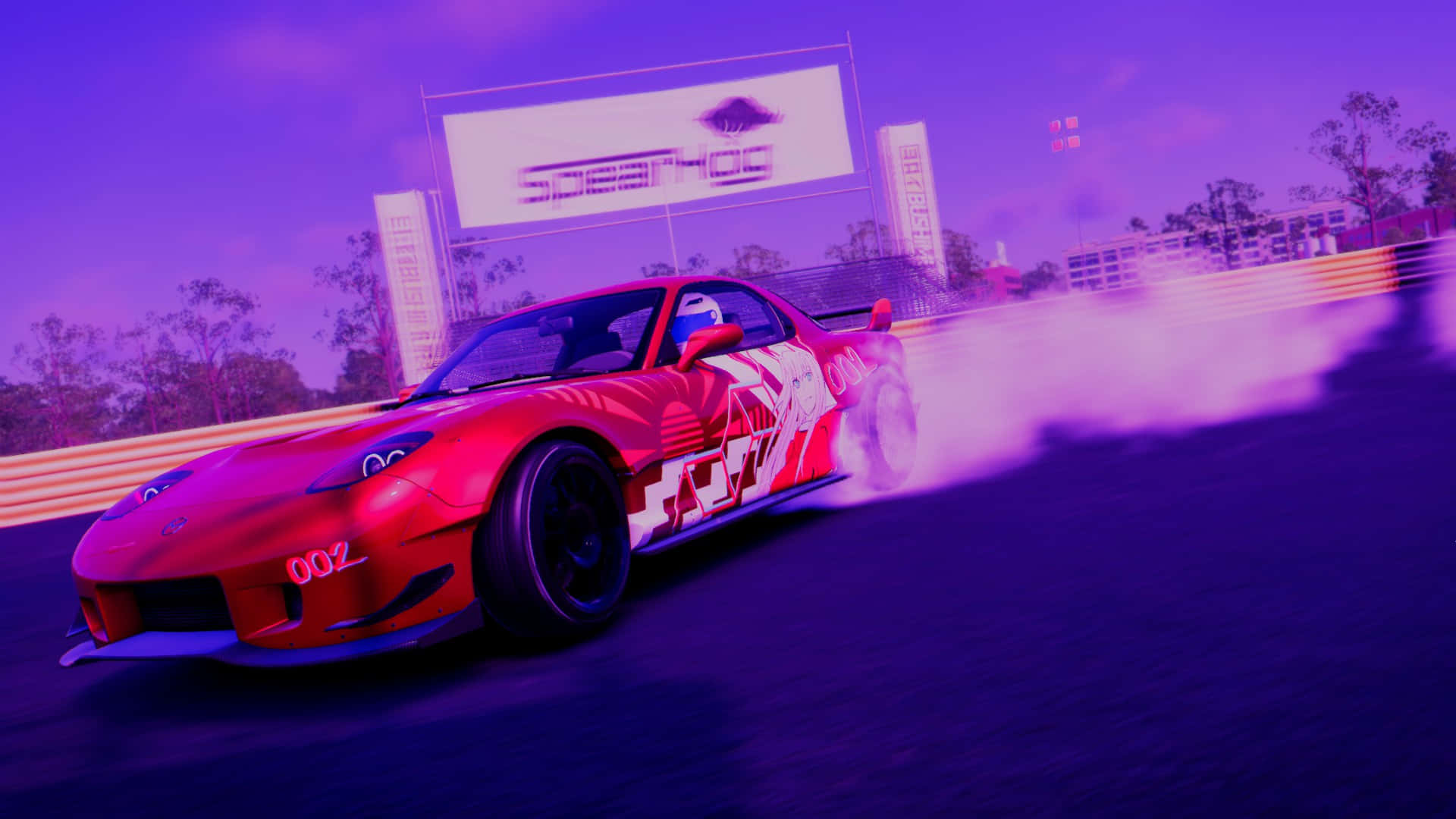 red sports car, track, purple neon lights, Full HD Desktop Wallpaper