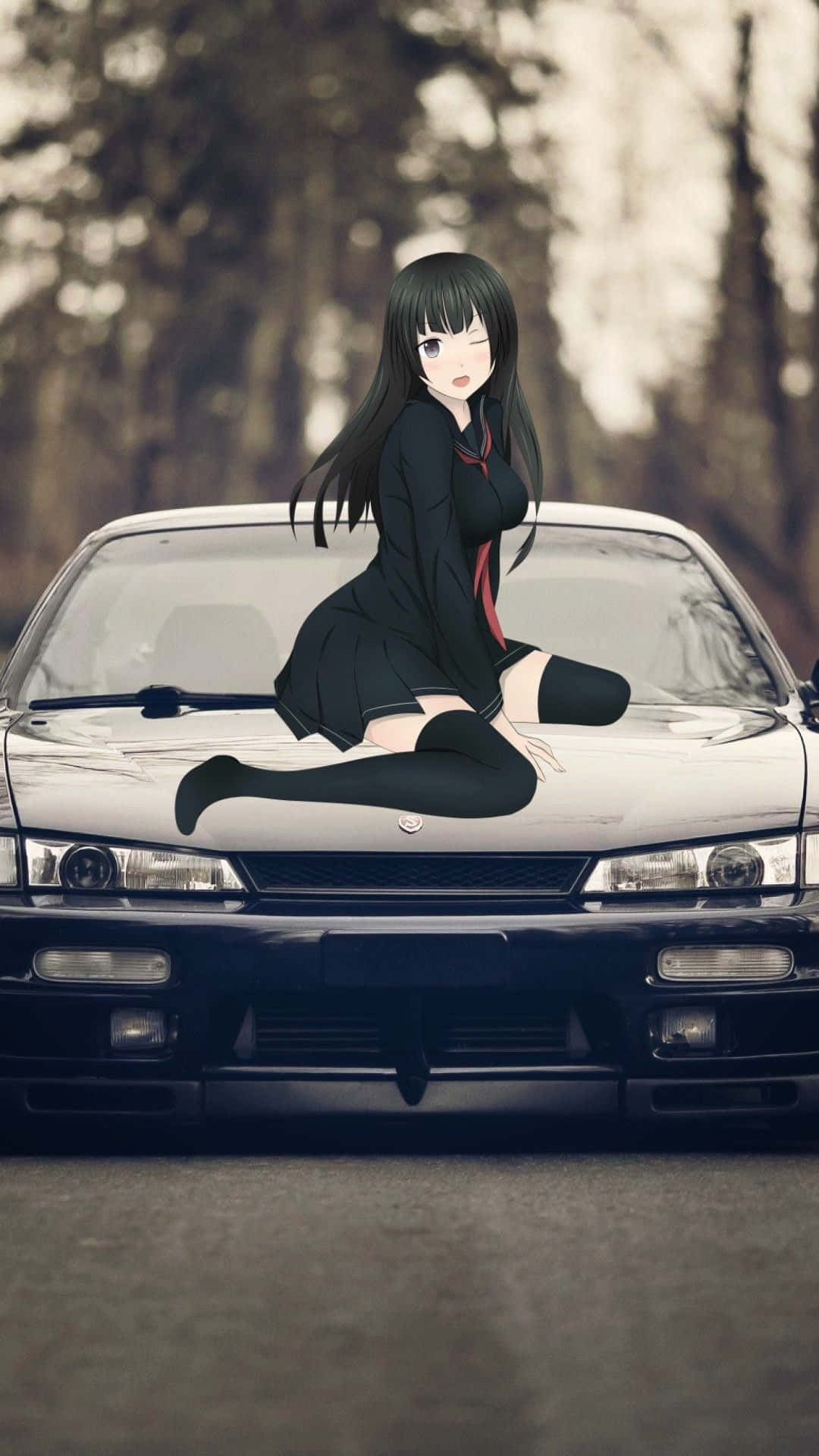 Anime girl, school uniform, white sports car, Full HD Phone Wallpaper